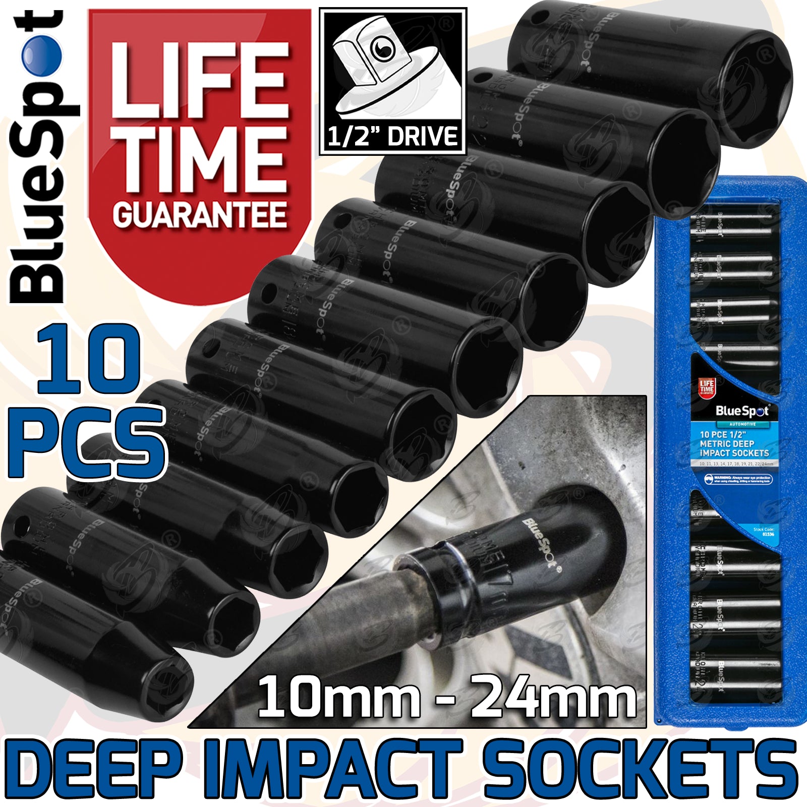 BLUESPOT 10PCS 1/2" DRIVE 6 POINT DEEP IMPACT SOCKETS 10MM - 24MM