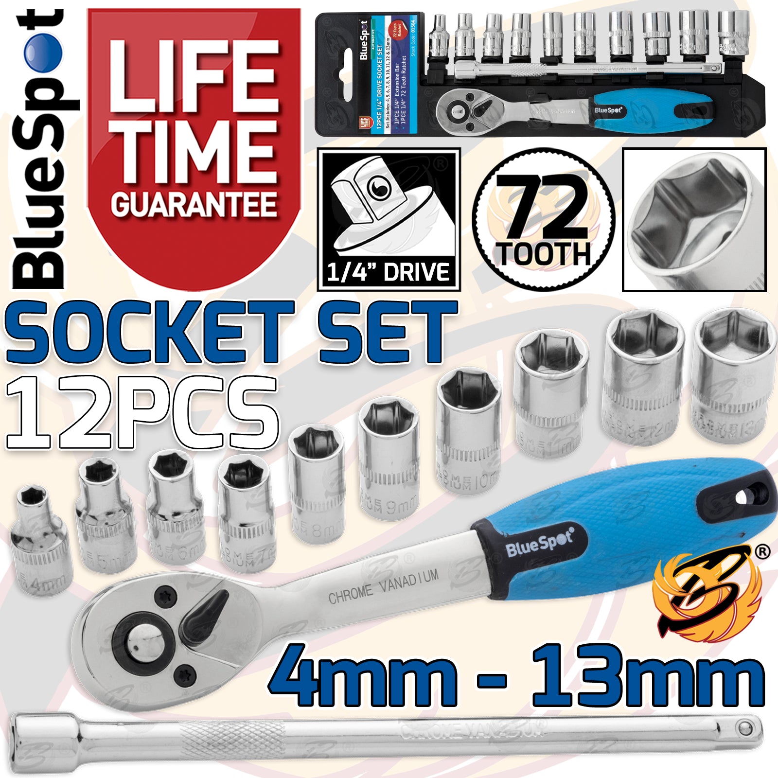 BLUESPOT 36PCS 1/4" & 3/8" & 1/2" DRIVE 6 POINT SHALLOW SOCKET SET 4MM - 24MM
