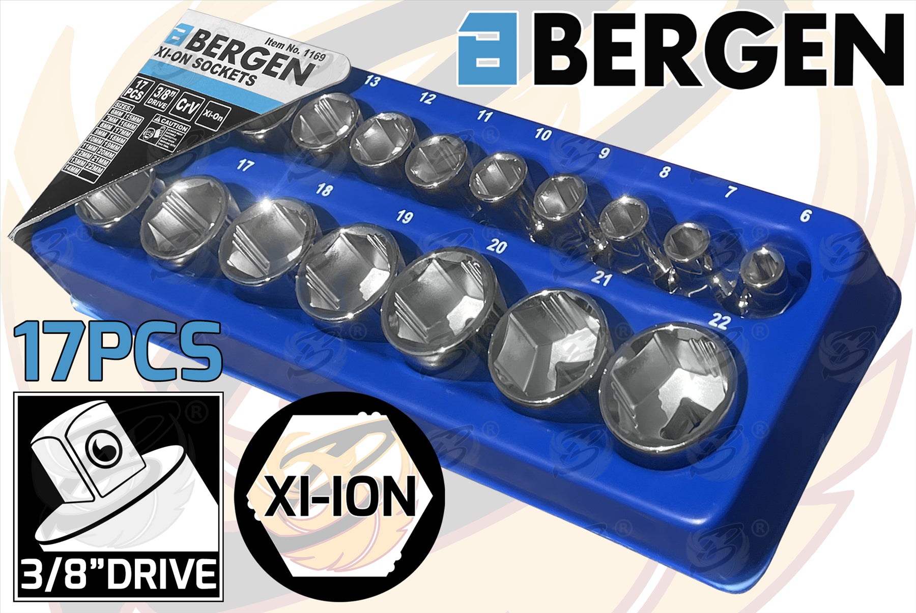 BERGEN 17PCS 3/8" DRIVE 6 POINT SHALLOW Xi - ION SOCKETS 6MM - 22MM