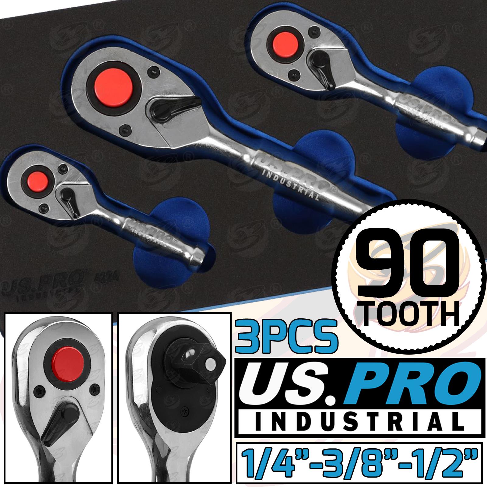 US PRO INDUSTRIAL 3PCS 1/4" & 3/8" & 1/2" DRIVE 90 TOOTH STUBBY RATCHET HANDLES
