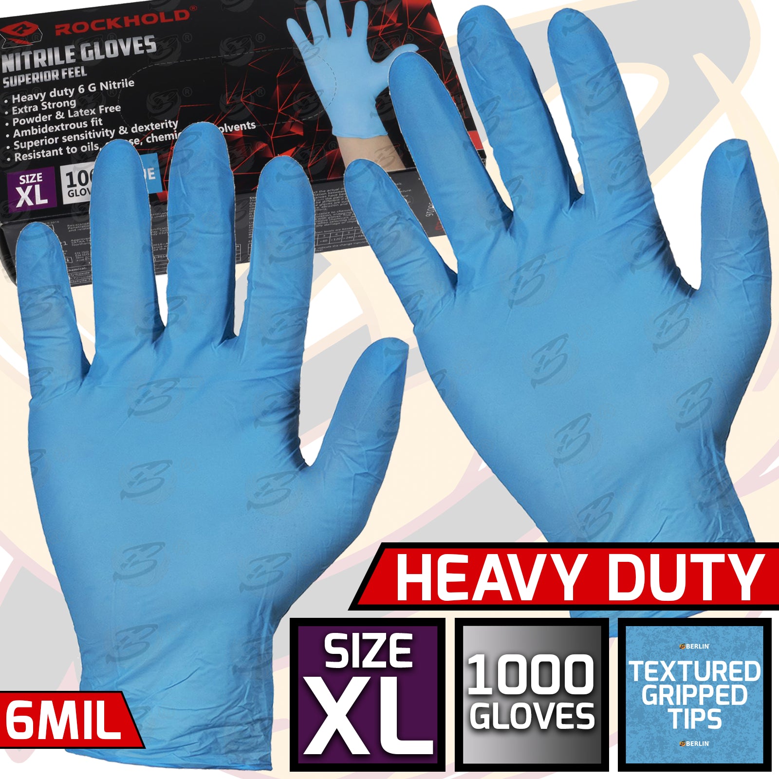 ROCKHOLD HEAVY DUTY BLUE 6 MIL NITRILE TEXTURED TIP GLOVES ( X LARGE - 1000 GLOVES )