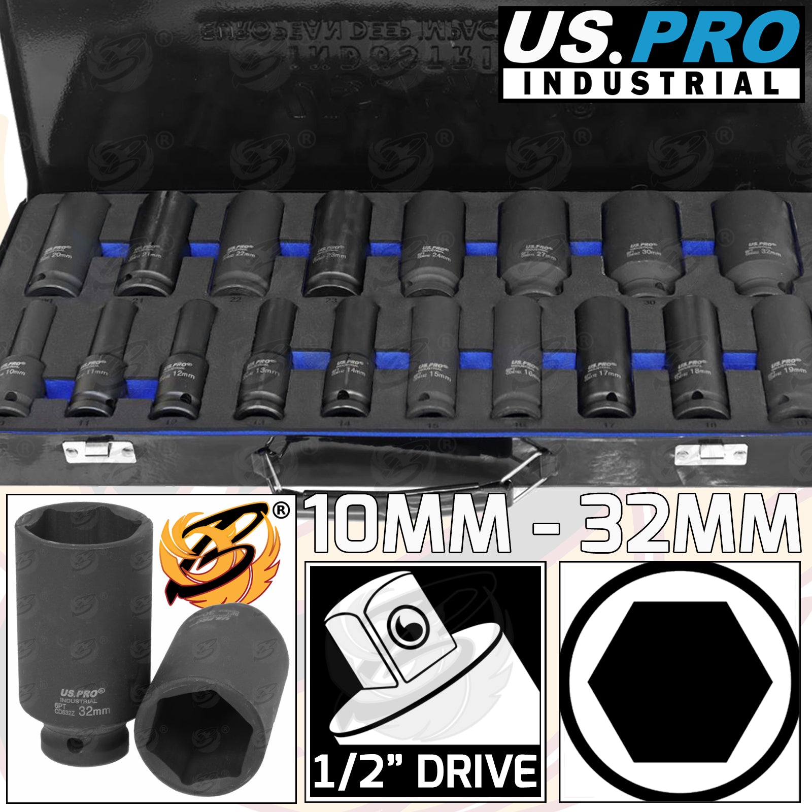 US PRO INDUSTRIAL 18PCS 1/2" DRIVE 6 POINT DEEP IMPACT SOCKETS 10MM - 32MM