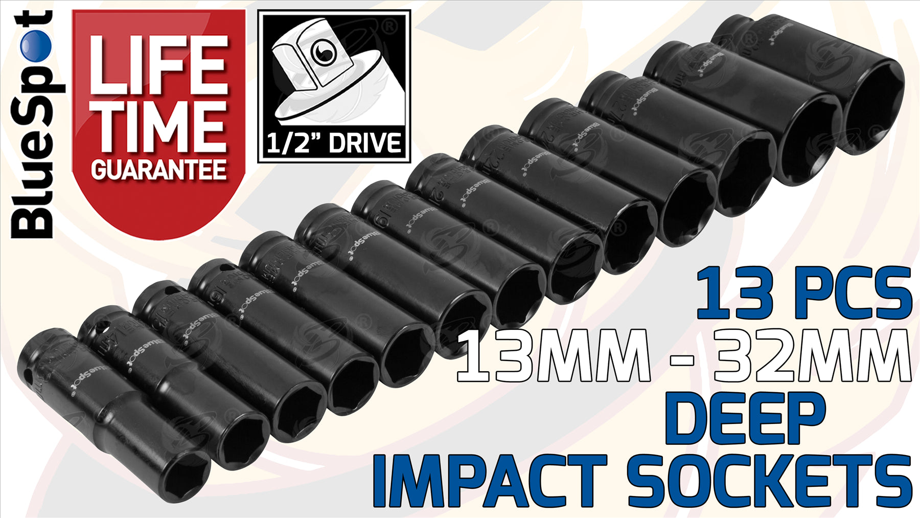 BLUESPOT 13PCS 1/2" DRIVE 6 POINT DEEP IMPACT SOCKETS 13MM - 32MM