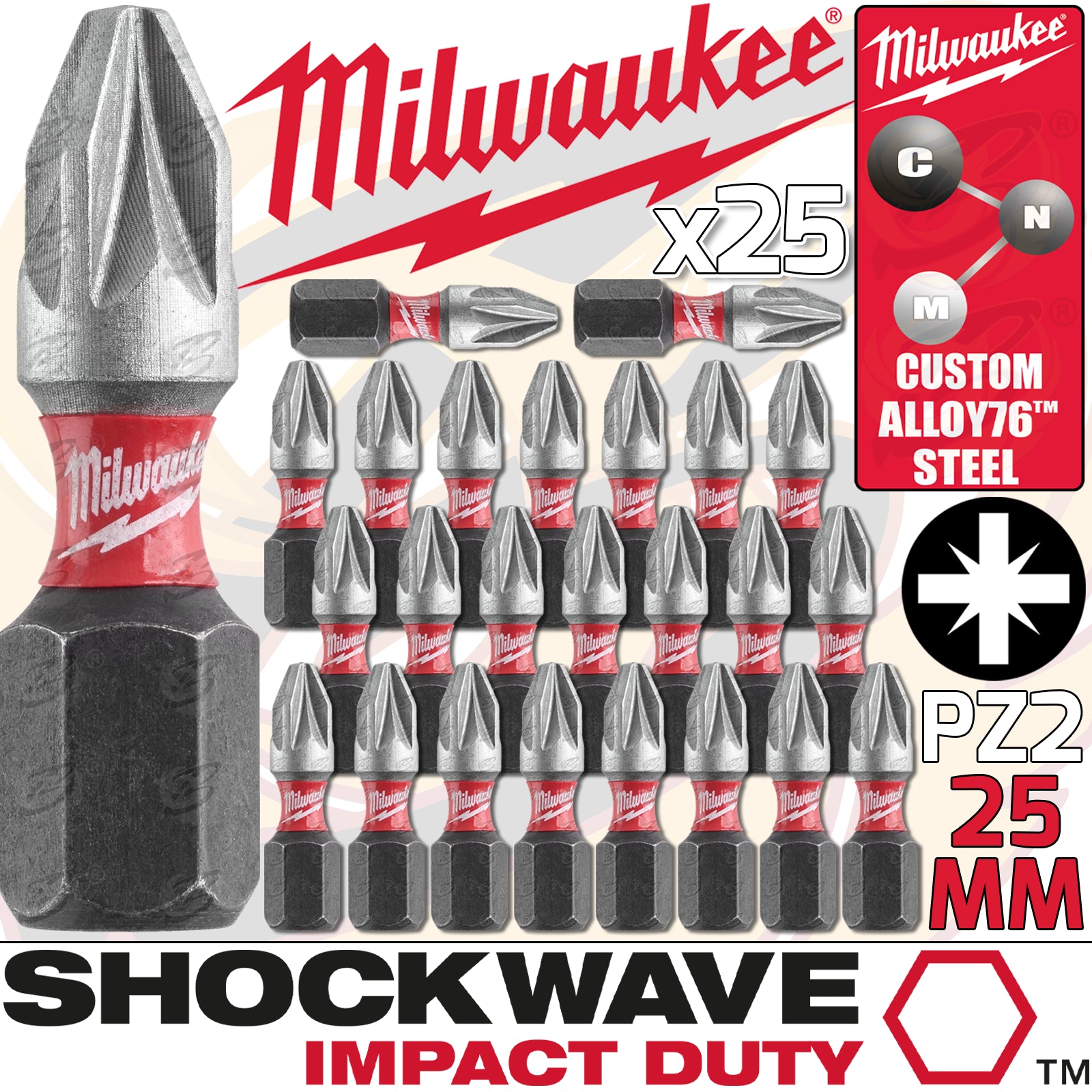 Milwaukee SHOCKWAVE™ Impact Duty Bits PZ2 x 25mm (Pack 25