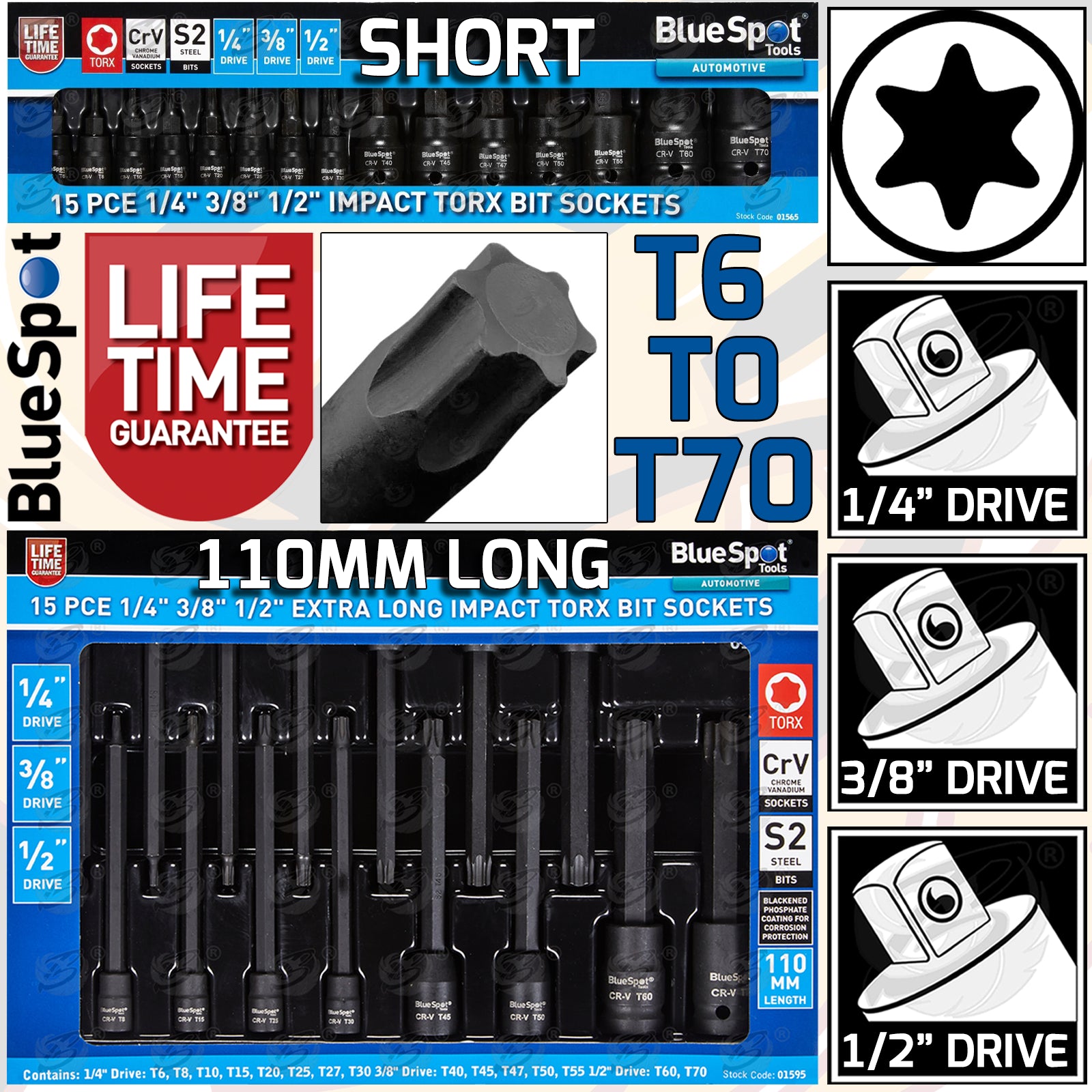 BLUESPOT 30PCS 1/4" & 3/8" & 1/2" DRIVE IMPACT TORX BIT SOCKETS T6 - T70
