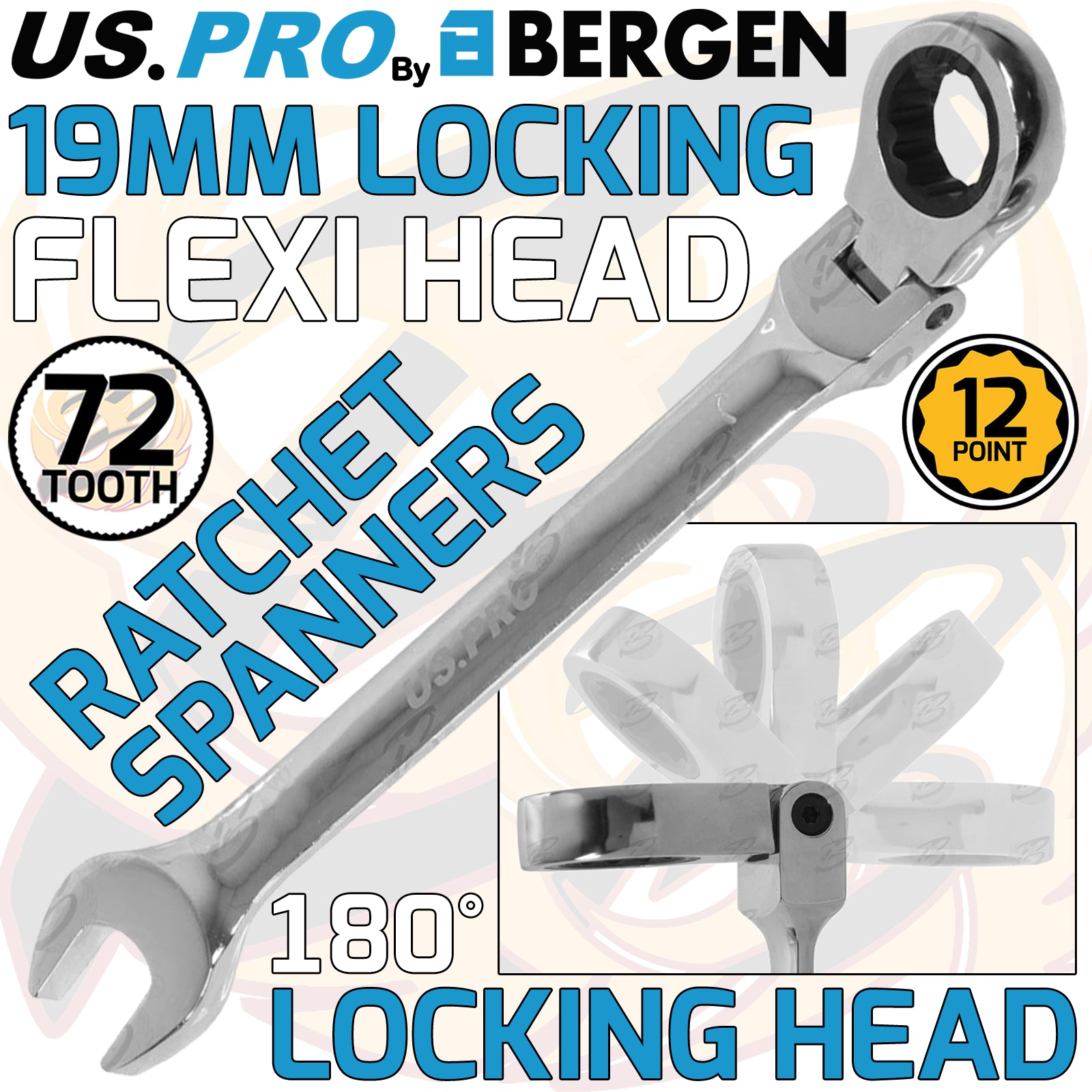 US PRO 19MM 72T FLEXI HEAD ( WITH LOCK ) RATCHET SPANNER