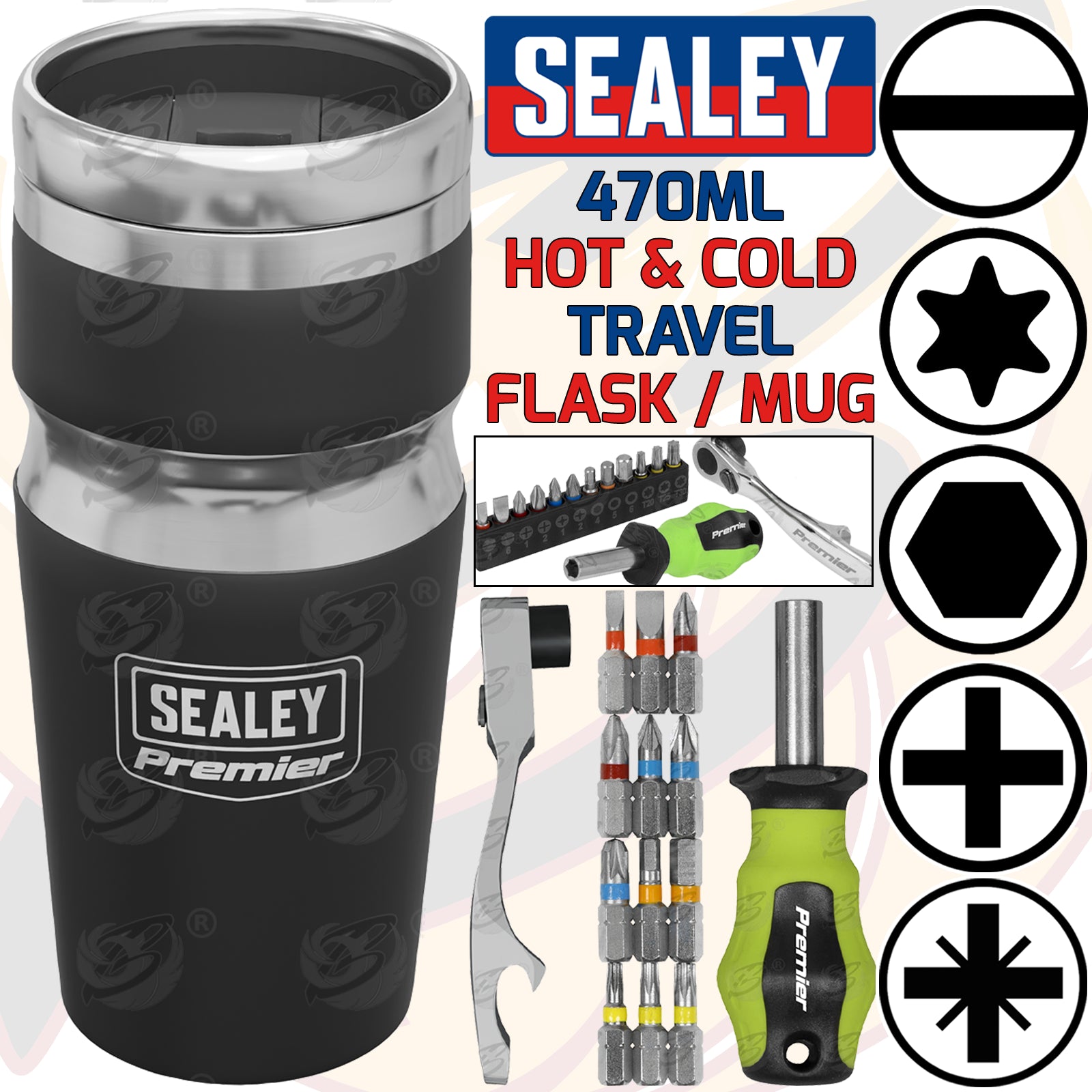 SEALEY THERMAL INSULATED TRAVEL MUG & MINI TOOL SET & RATCHET HANDLE