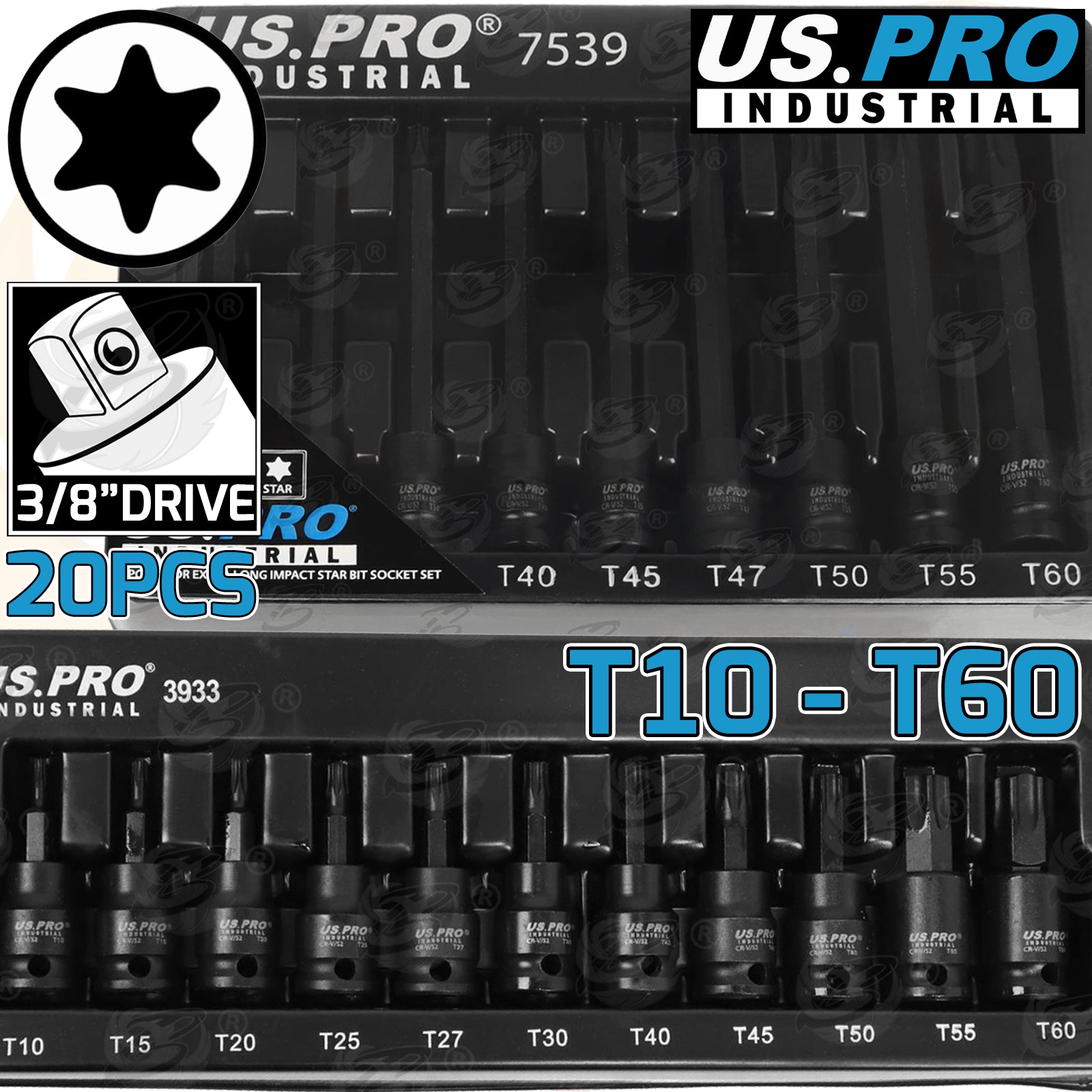 US PRO IMPACT 20PCS 3/8" DRIVE LONG & SHORT TORX BIT SOCKET SET T10 - T60