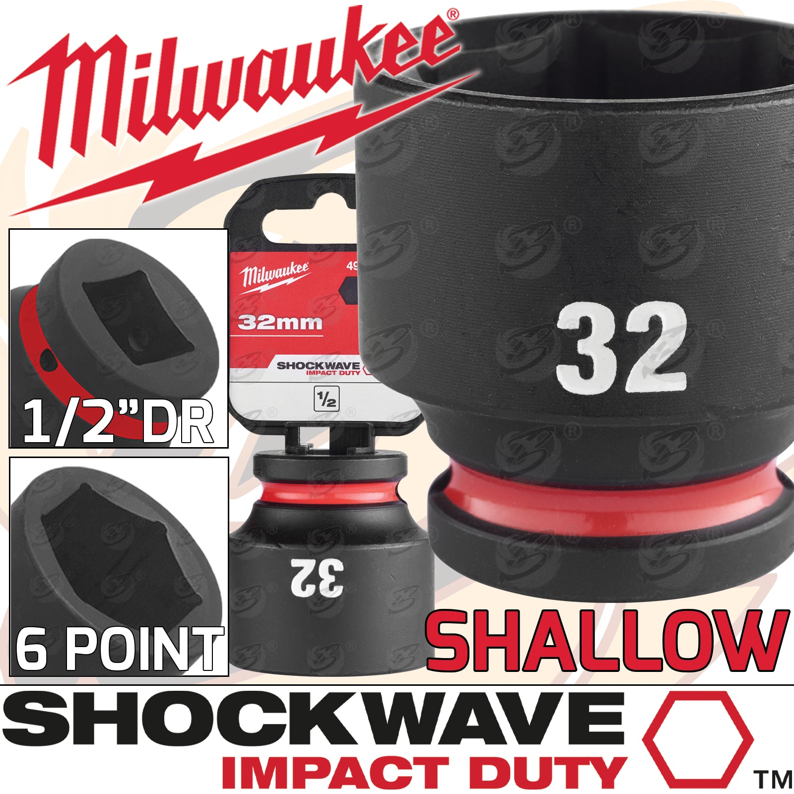 MILWAUKEE 32MM 1/2" DRIVE 6 POINT SHALLOW IMPACT SOCKET ( SINGLE )