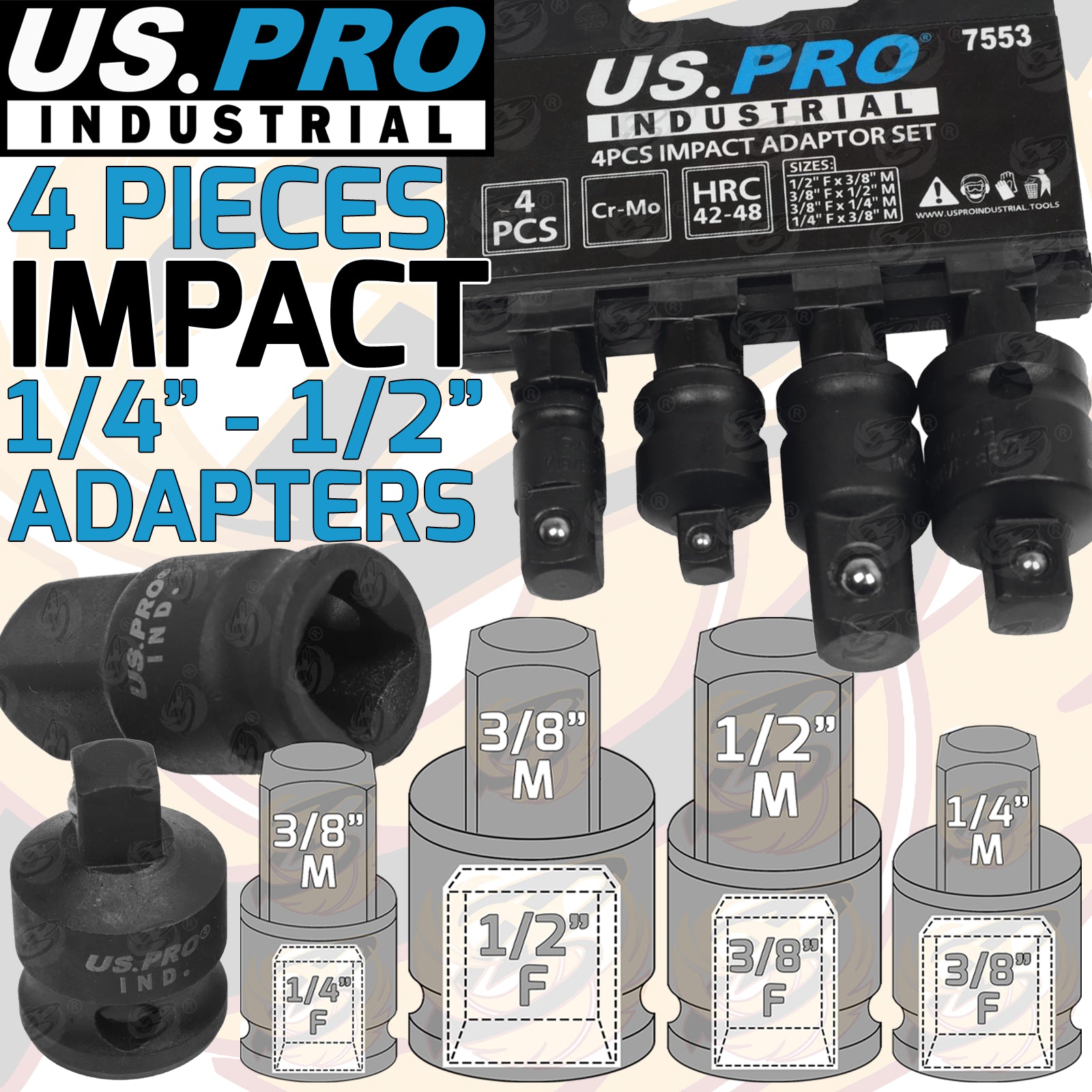 US PRO INDUSTRIAL 4PCS IMPACT SOCKET ADAPTERS ( 1/4" - 1/2" ) ( CR-MO )