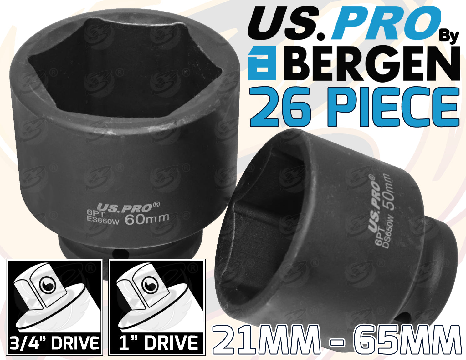 US PRO 26PCS 3/4" & 1" DRIVE 6 POINT IMPACT SOCKET SET 21MM - 65MM