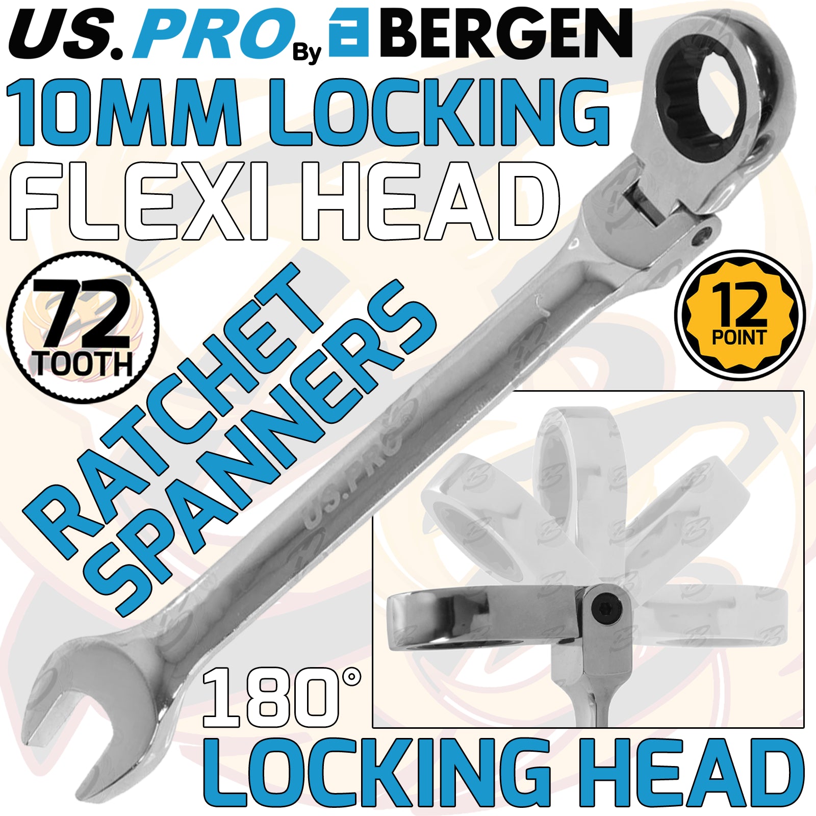 US PRO 10MM 72T FLEXI HEAD ( WITH LOCK ) RATCHET SPANNER