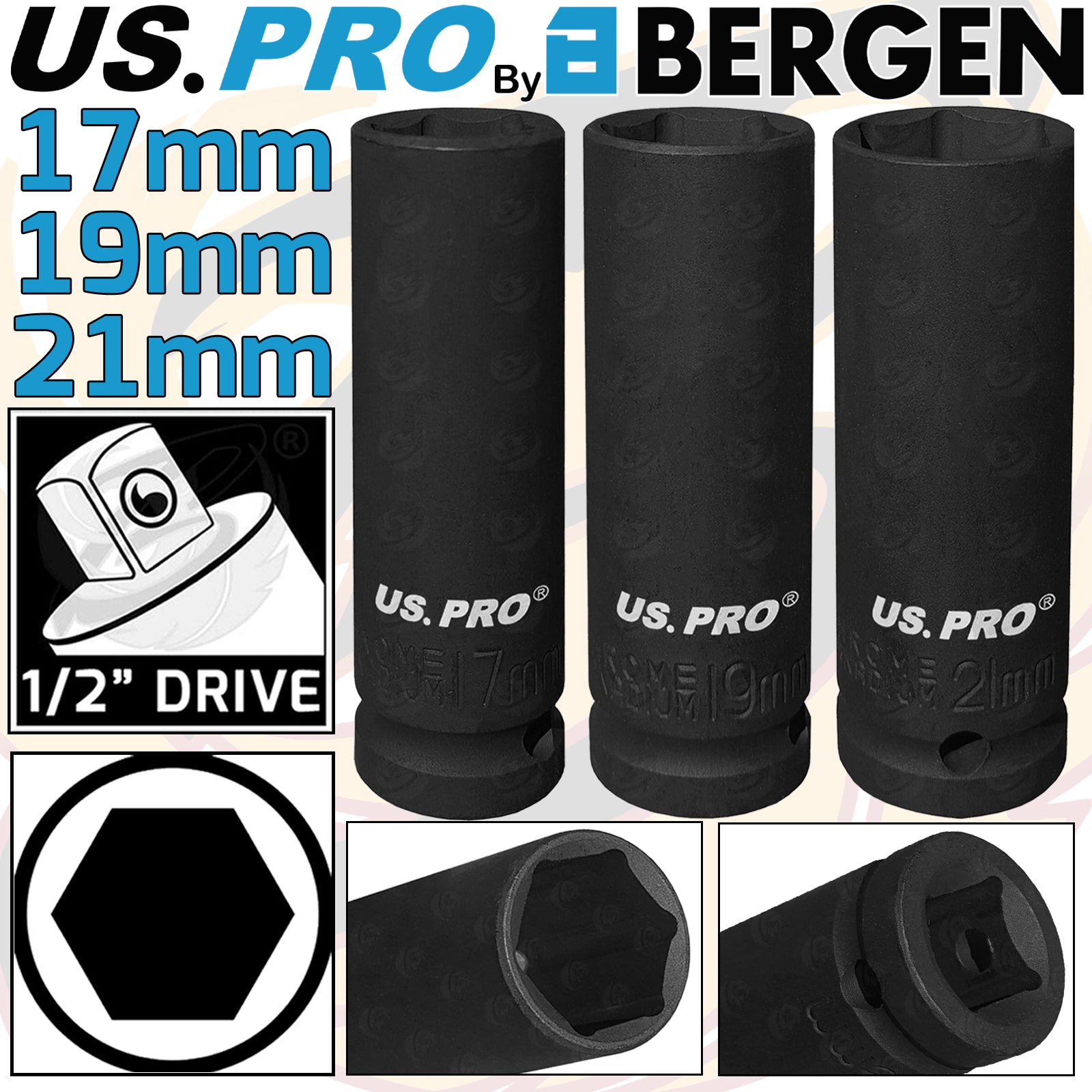 US PRO 3PCS 1/2" DRIVE 6 POINT DEEP IMPACT SOCKETS 17MM - 19MM - 21MM