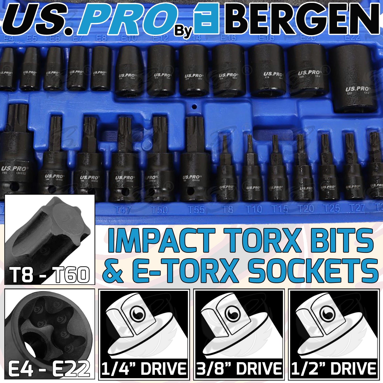 US PRO 25PCS 1/4" & 3/8" & 1/2" DRIVE IMPACT TORX & E - TORX SOCKETS ( E4 - E22 ) ( T8 - T60 )
