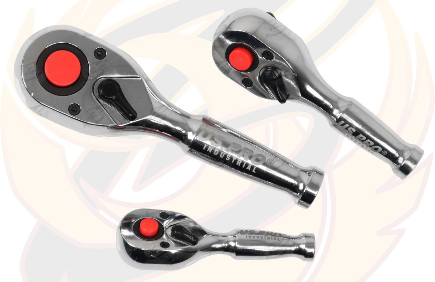 US PRO INDUSTRIAL 3PCS 1/4" & 3/8" & 1/2" DRIVE 90 TOOTH STUBBY RATCHET HANDLES