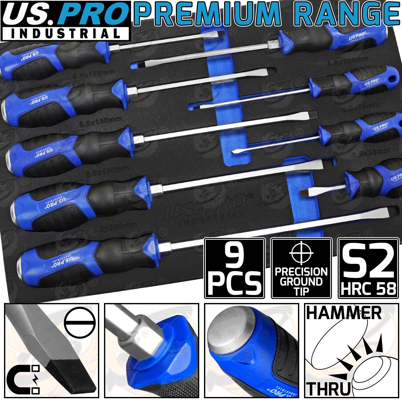 US PRO INDUSTRIAL 9PCS MAGNETIC GO THROUGH SCREWDRIVER SET ( SLOTTED )