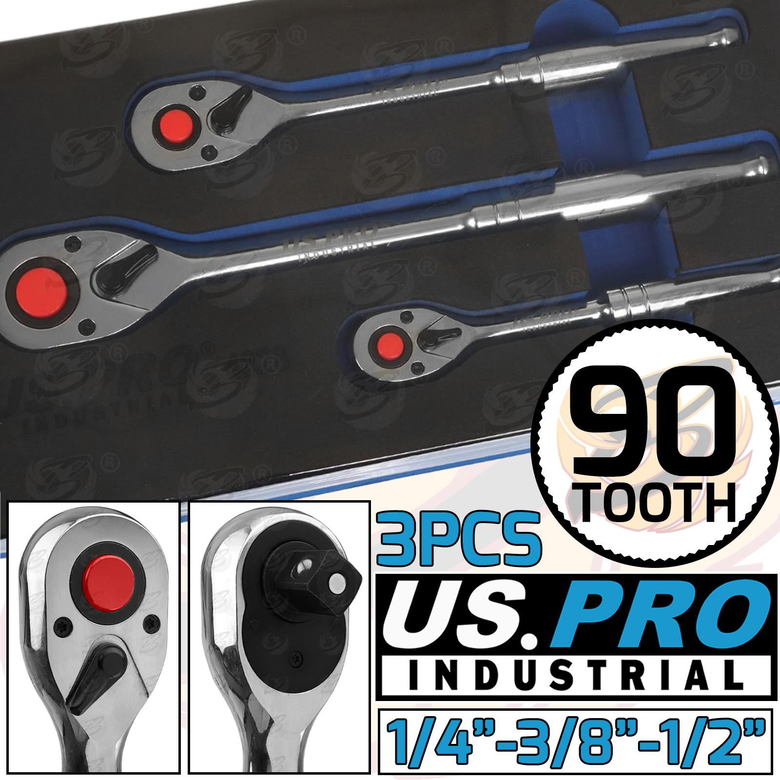US PRO INDUSTRIAL 3PCS 1/4" & 3/8" & 1/2" DRIVE 90 TOOTH RATCHET HANDLES