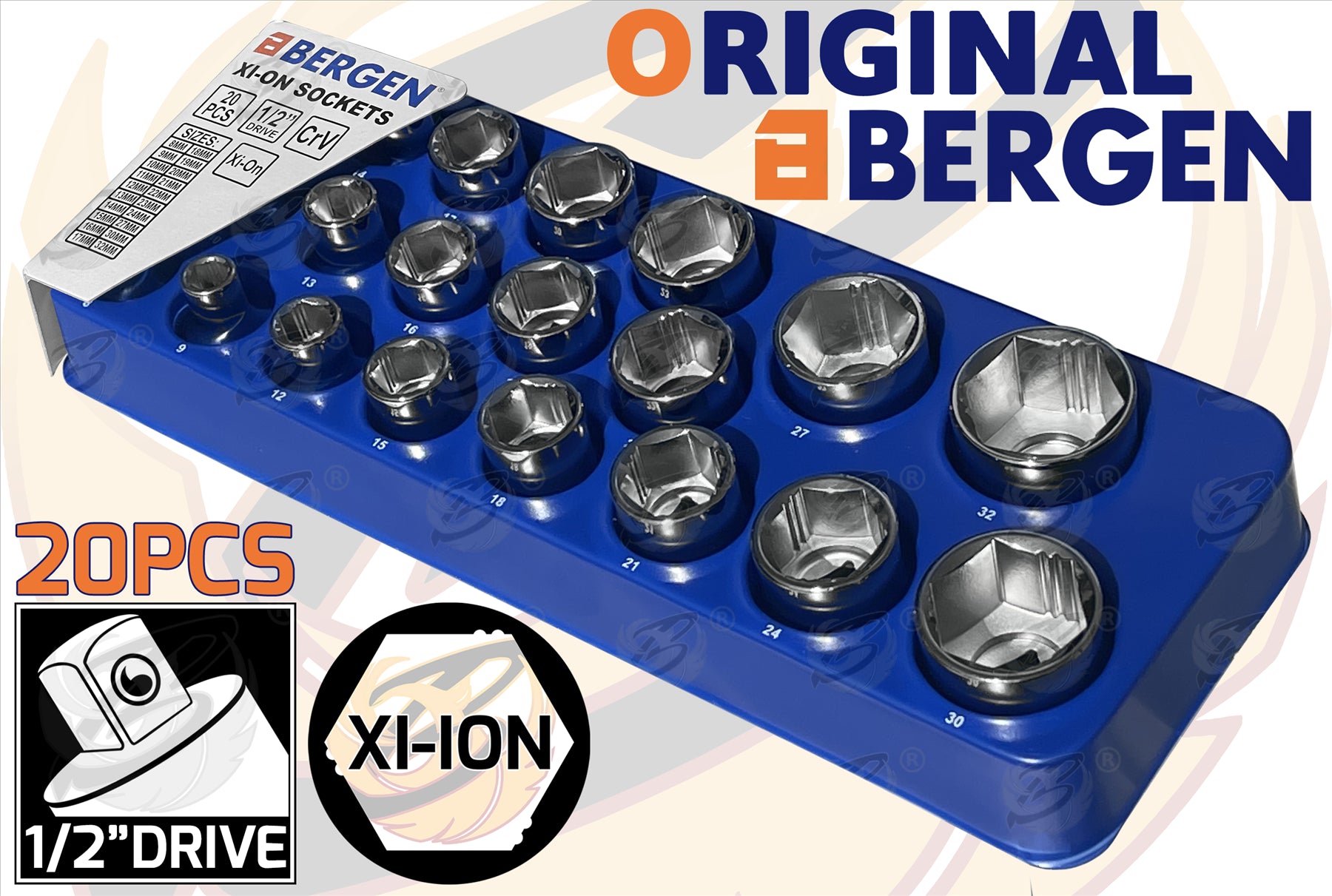 BERGEN 20PCS 1/2" DRIVE 6 POINT SHALLOW Xi - ION SOCKETS 8MM - 32MM