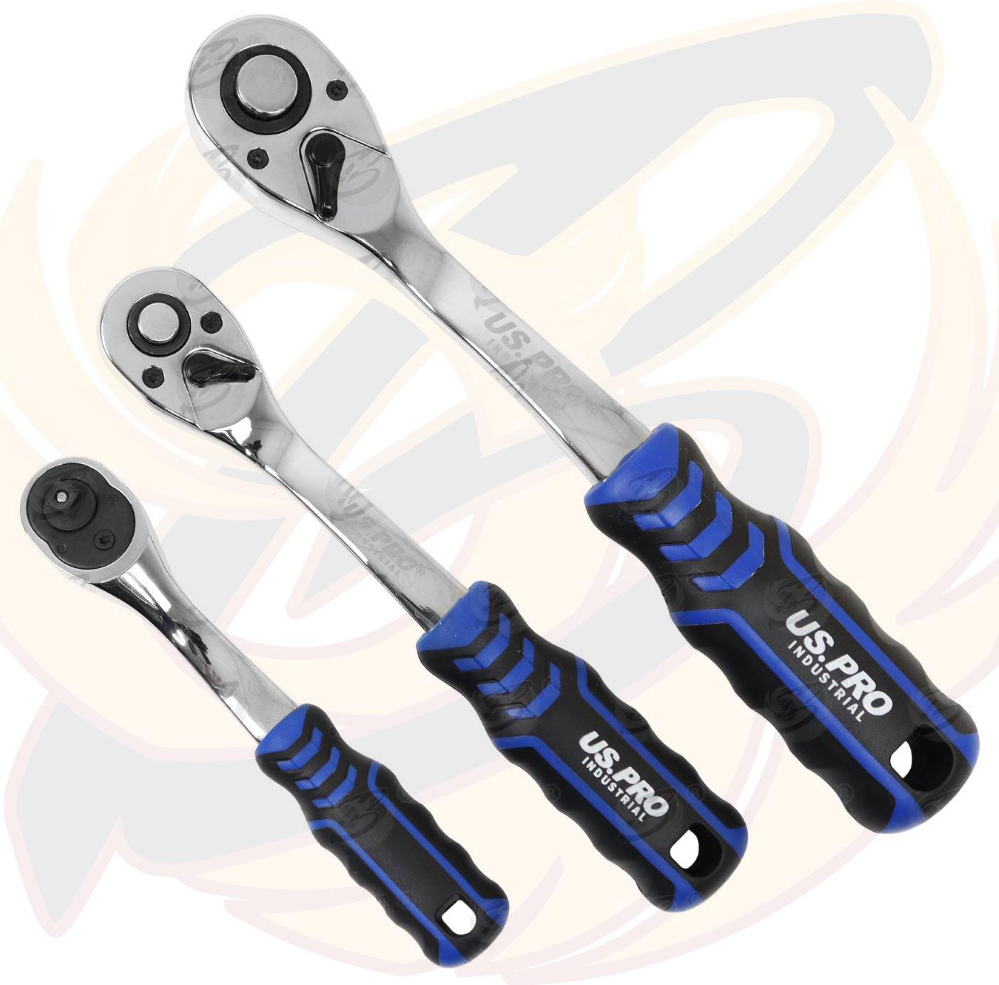 US PRO INDUSTRIAL 3PCS 1/4" & 3/8" & 1/2" DRIVE 90 TOOTH RATCHET HANDLES