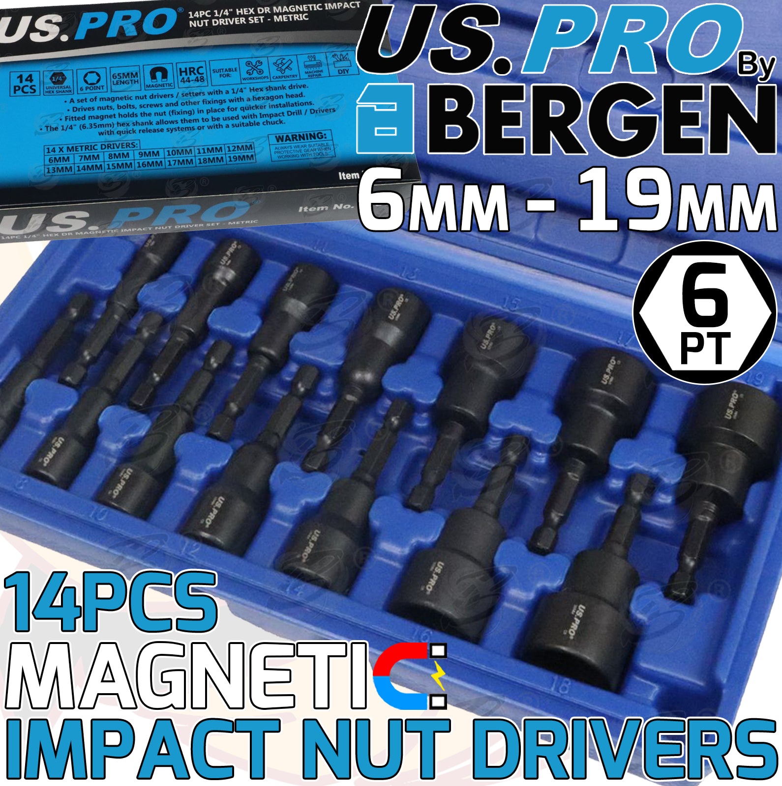 US PRO 14PCS MAGNETIC IMPACT NUT DRIVERS / RUNNERS ( 6MM - 19MM )