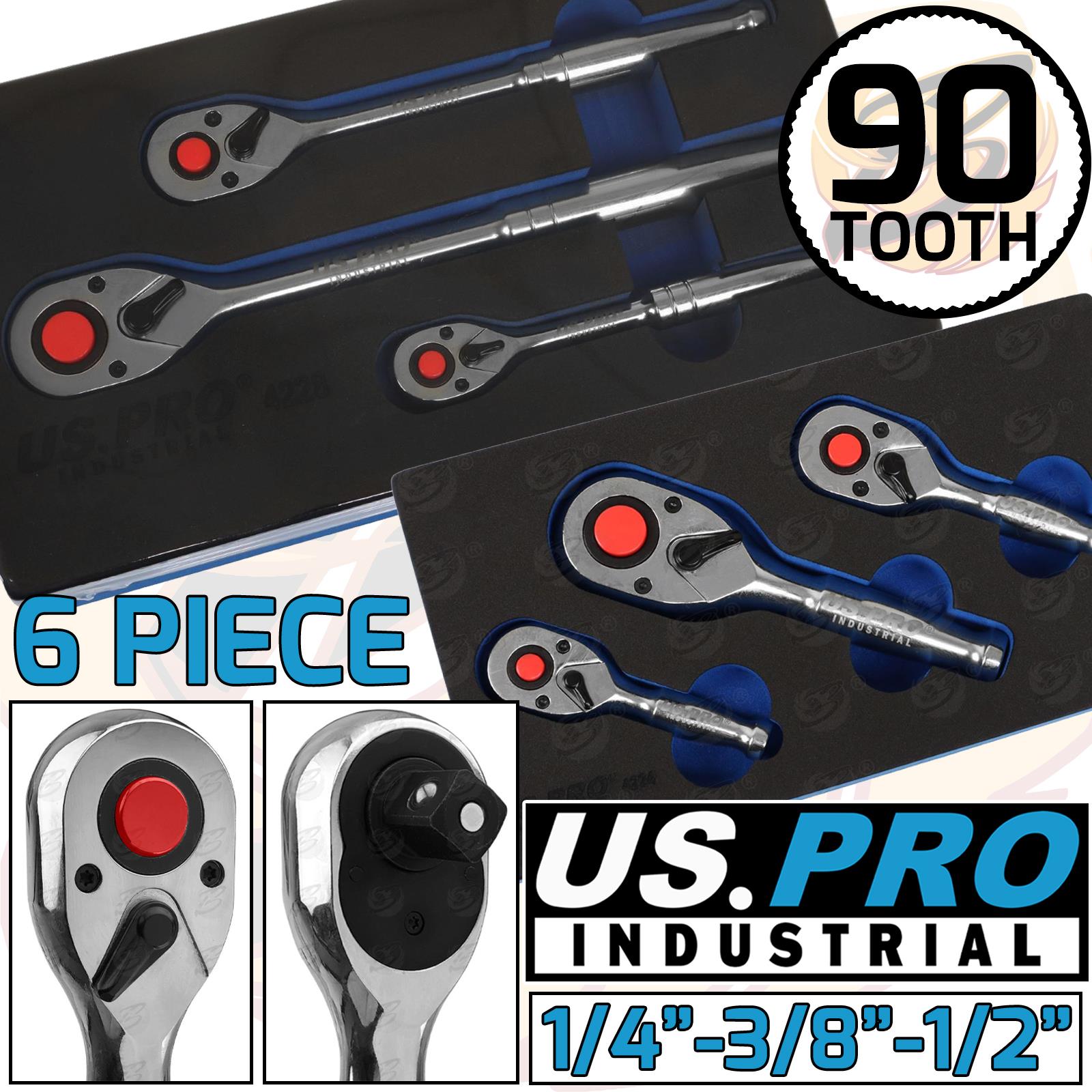 US PRO INDUSTRIAL 6PCS 1/4" & 3/8" & 1/2" DRIVE 90 TOOTH RATCHET HANDLES