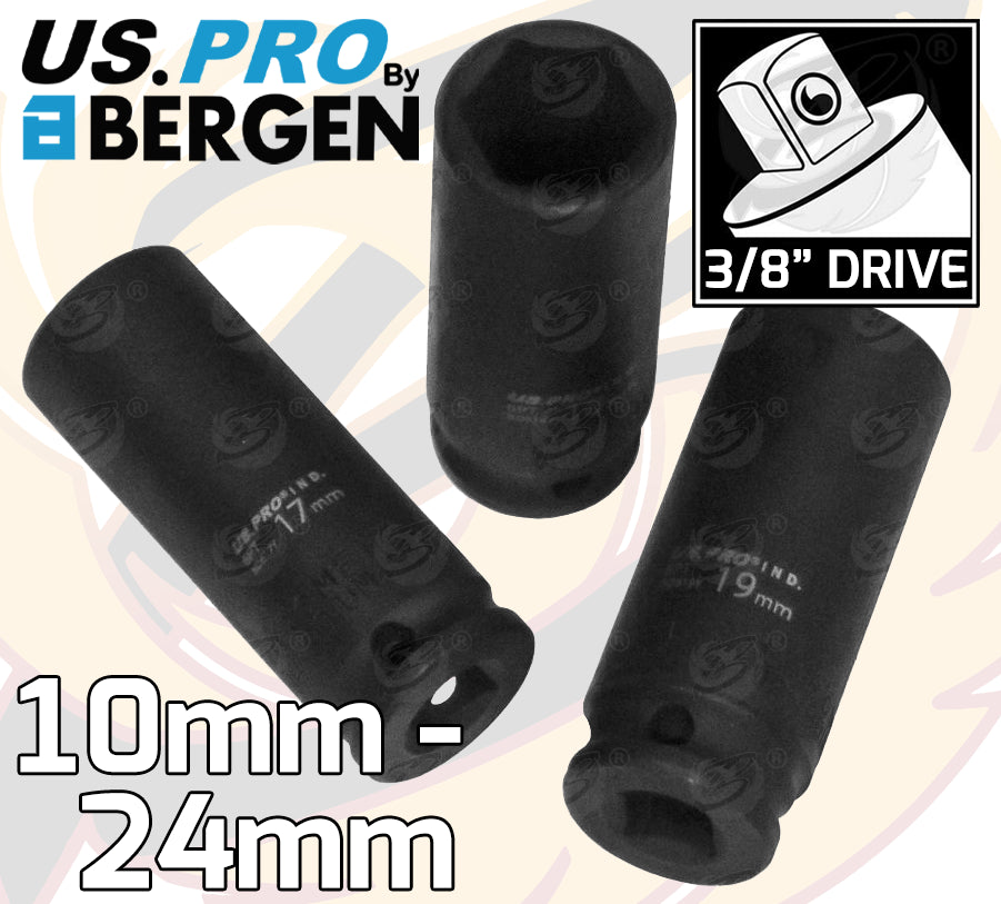 US PRO INDUSTRIAL 10PCS 3/8" DRIVE 6 POINT DEEP IMPACT SOCKETS 10MM - 24MM