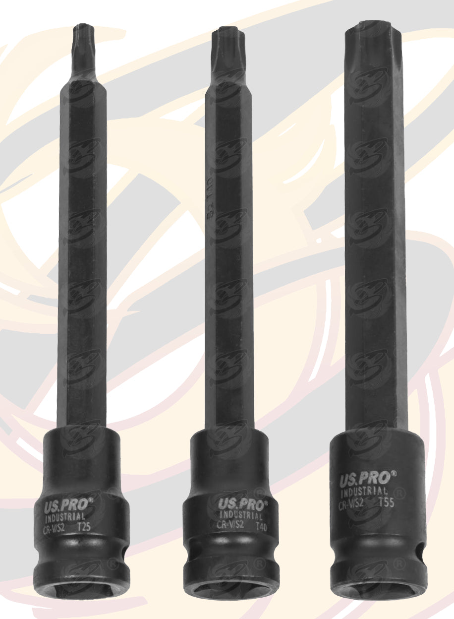 US PRO INDUSTRIAL 9PCS 3/8" DRIVE EXTRA LONG IMPACT TORX BIT SOCKETS T25 - T70
