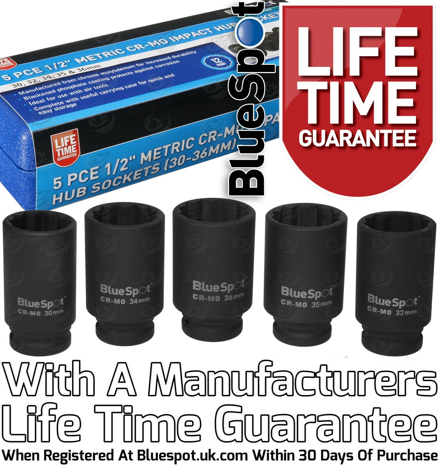 BLUESPOT 1/2" DRIVE 24" LONG BREAKER BAR & 5PCS 12 POINT DEEP IMPACT SOCKETS 30MM - 36MM