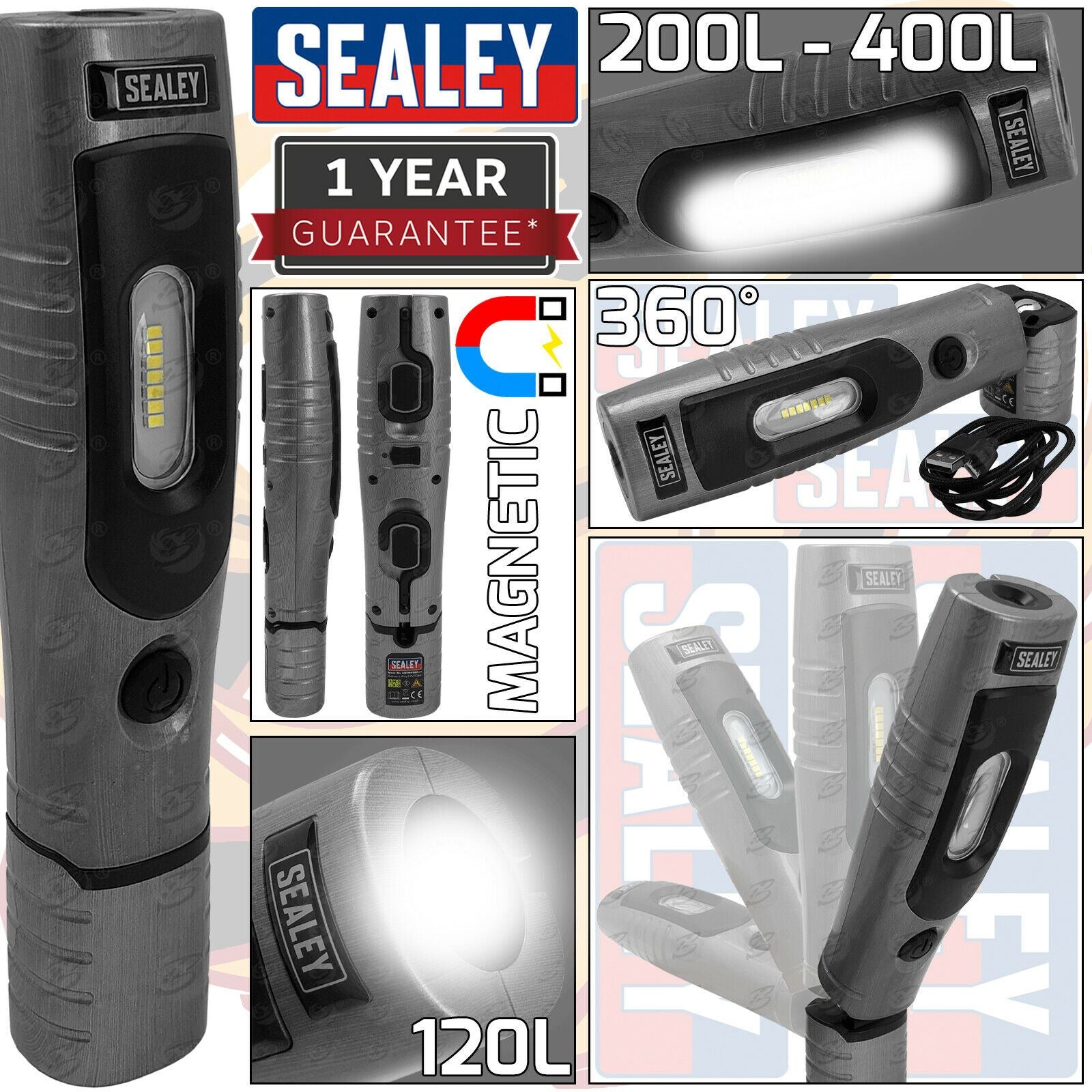 SEALEY RECHARGEABLE SMD LED LI - ION WORK LIGHT ( BRUSHED ALUMINIUM )