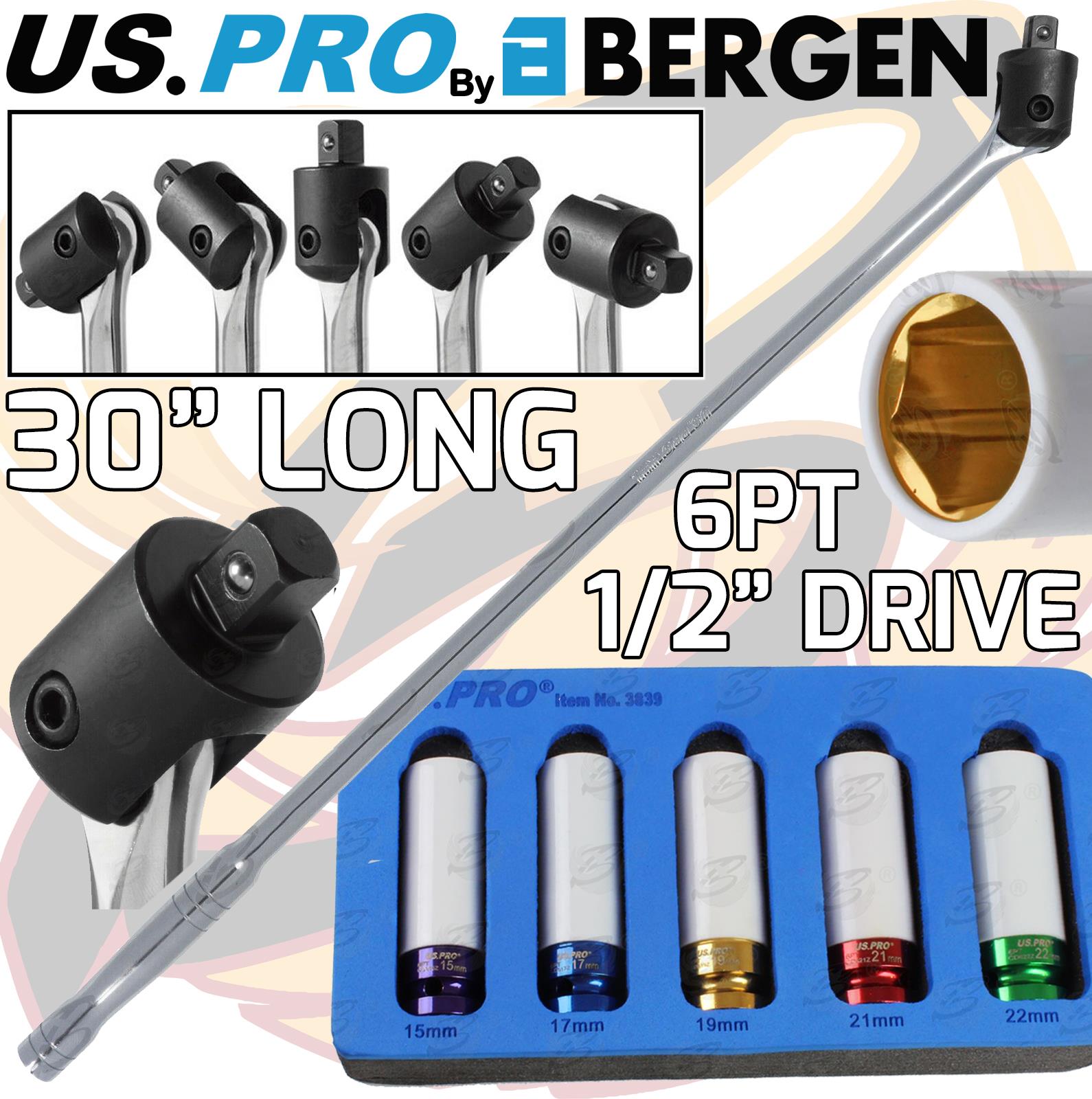 US PRO 1/2" DRIVE 30" LONG BREAKER BAR & 5PCS 6 POINT ALLOY WHEEL NUT SOCKETS 15MM - 22MM