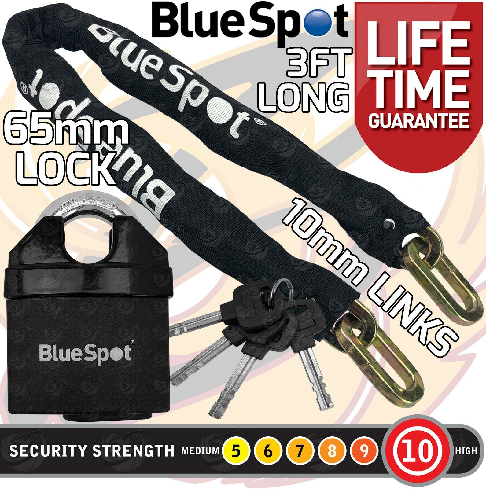 BLUESPOT 3FT LONG 10MM LINKS SECURITY CHAIN WITH 65MM HIGH SECURITY PADLOCK