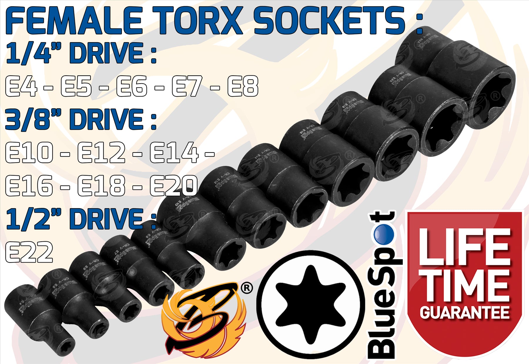 BLUESPOT 25PCS 1/4" & 3/8" & 1/2" DRIVE TORX & E - TORX SOCKETS ( E4 - E22 ) ( T8 - T60 )