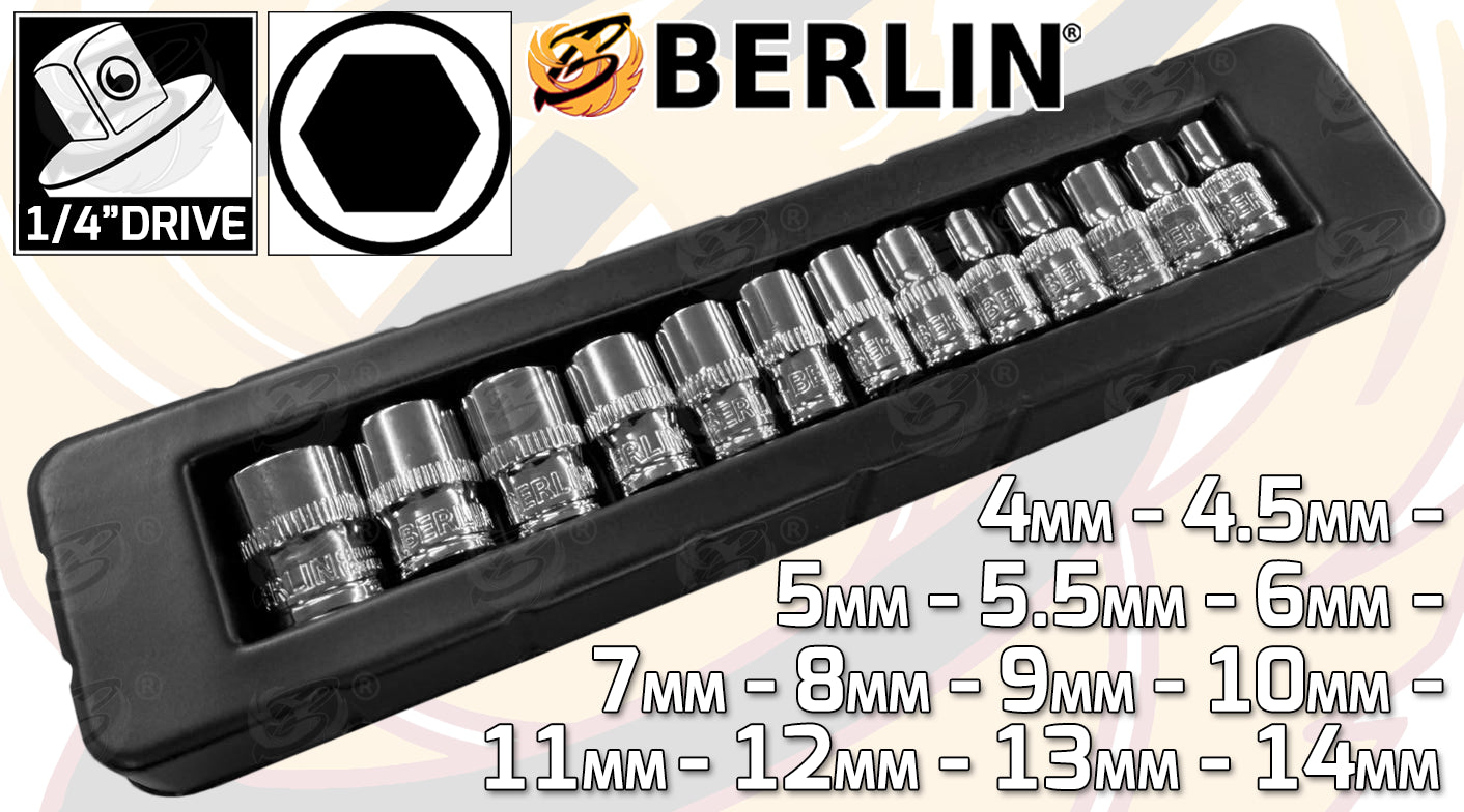 BERLIN 13PCS 1/4" DRIVE 6 POINT SHALLOW SOCKETS 4MM - 14MM