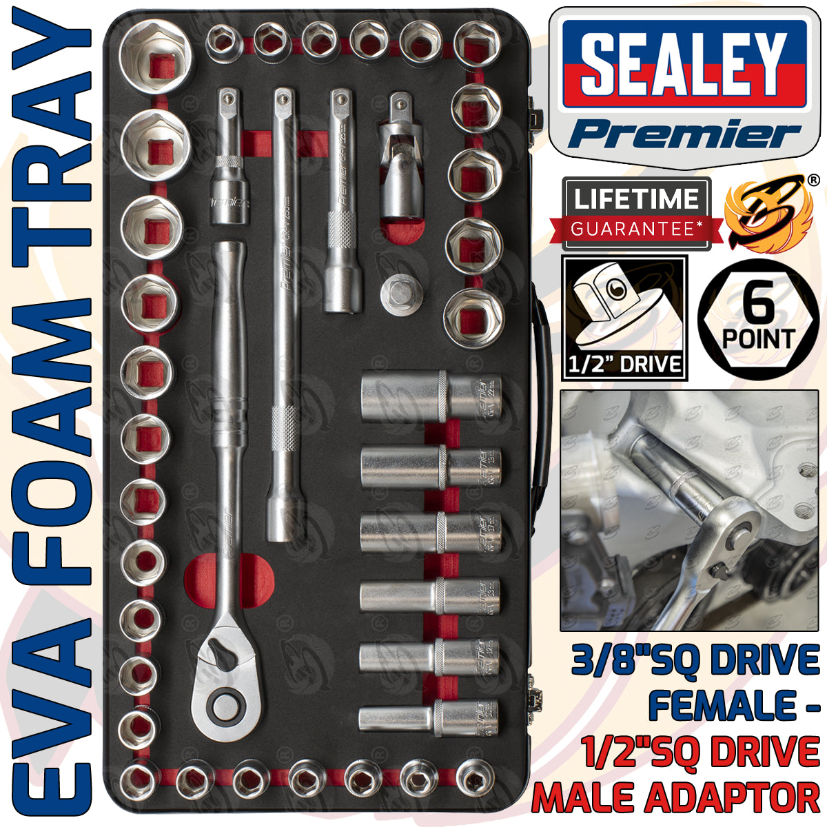 SEALEY 40PCS 1/2" DRIVE 6 POINT 90 TOOTH PREMIER PLATINUM SOCKET SET ( 8MM - 32MM & 7/16" - 1" )