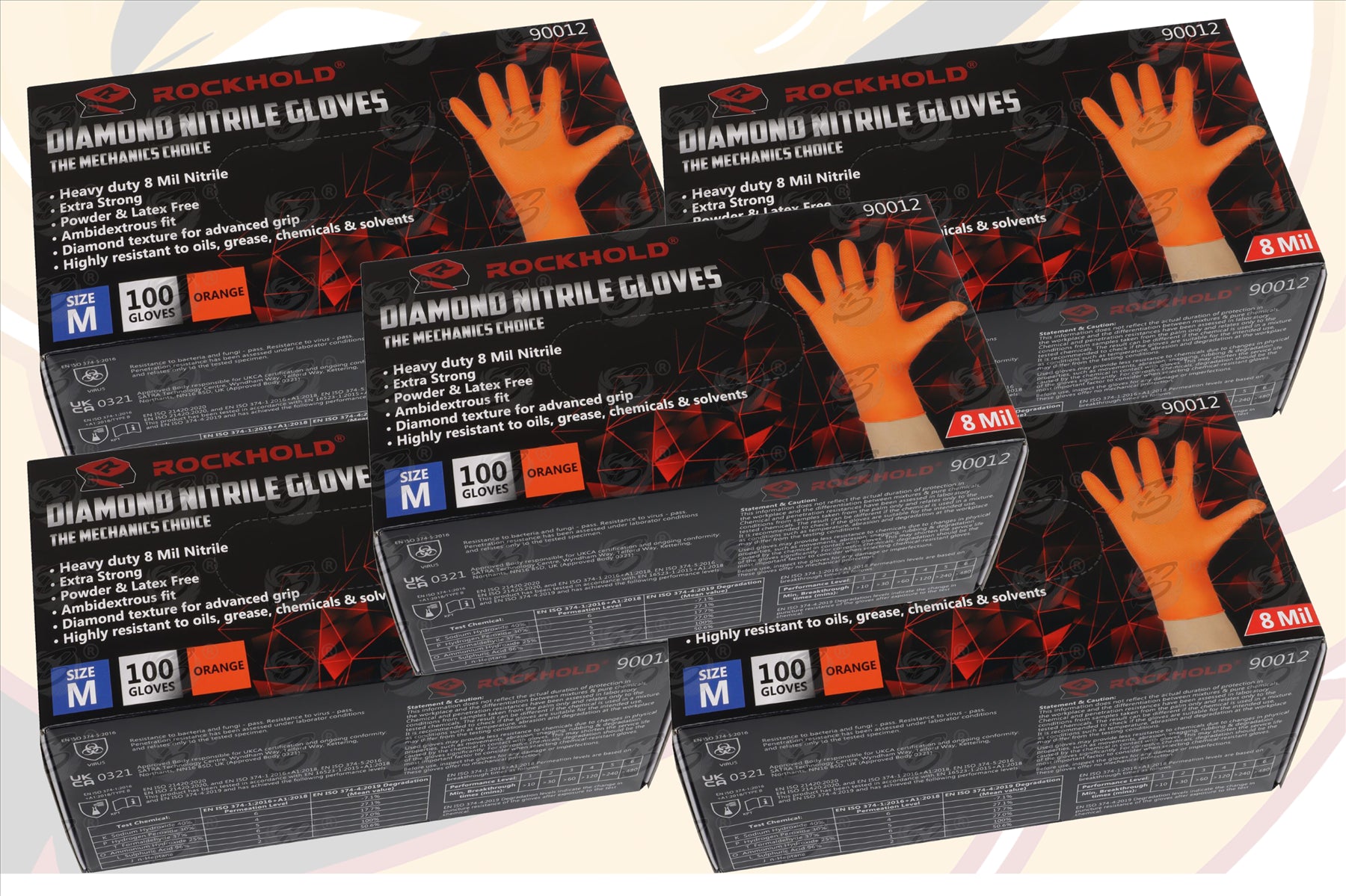 ROCKHOLD HEAVY DUTY ORANGE 8 MIL NITRILE DIAMOND GRIP GLOVES ( MEDIUM - 500 GLOVES )