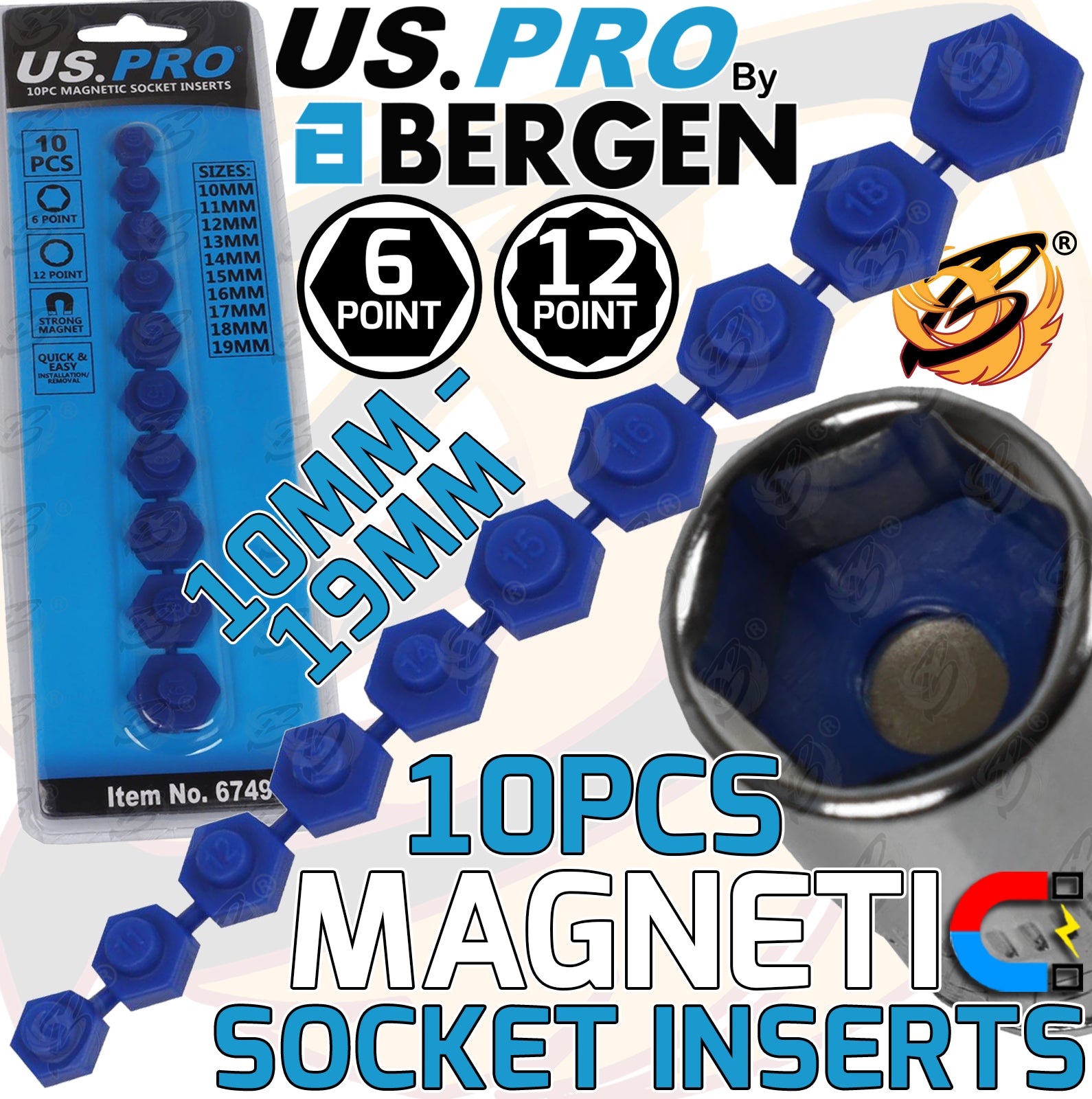 US PRO 10PCS MAGNETIC SOCKET INSERTS 10MM - 19MM
