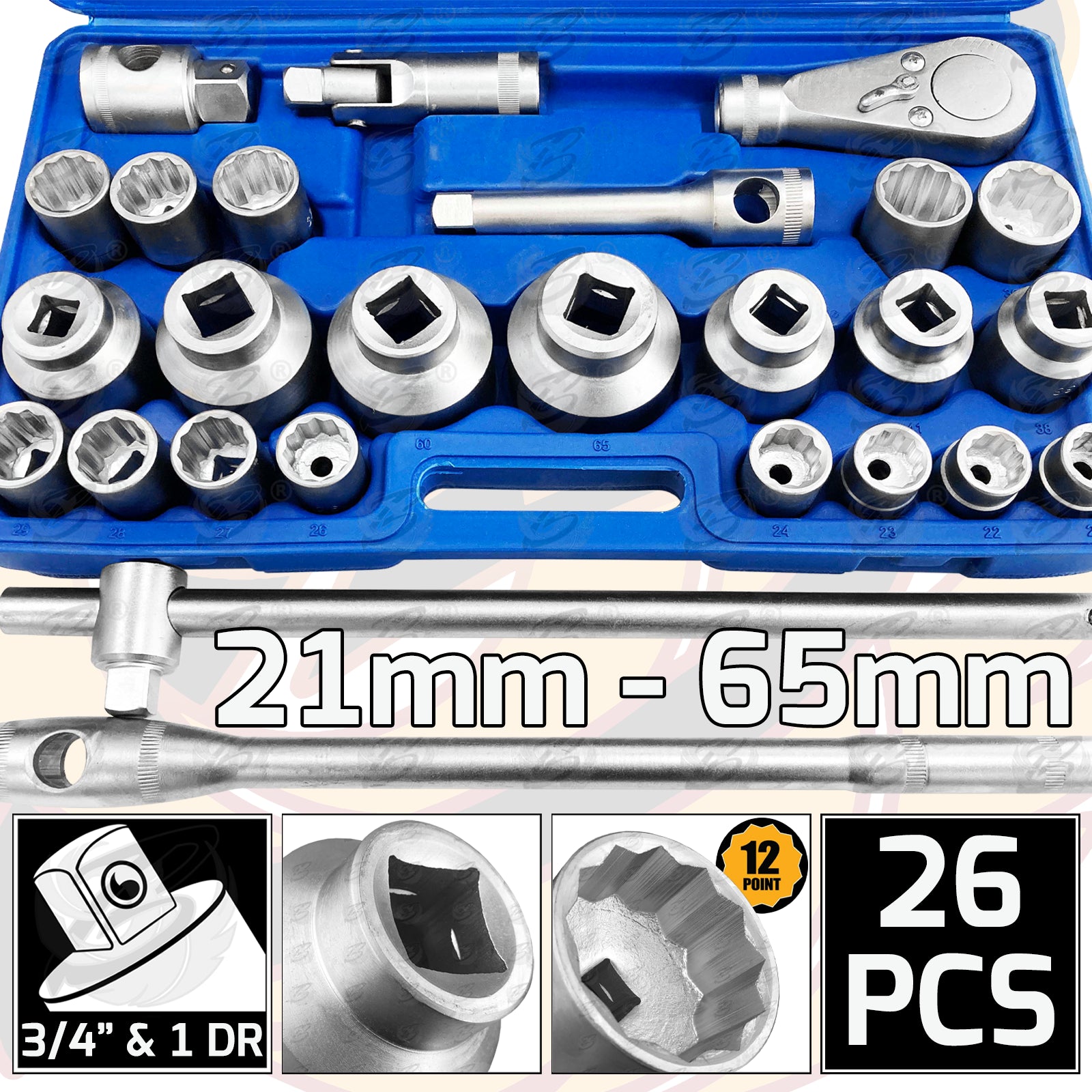 TOOLZONE 26PC 3/4" & 1" DRIVE 12 POINT SOCKET SET 21MM - 65MM