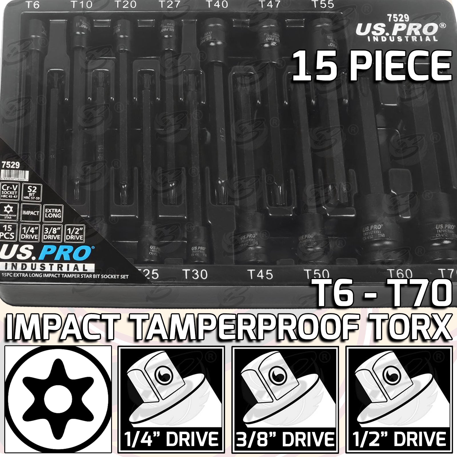 US PRO INDUSTRIAL 15PCS 1/4" & 3/8" & 1/2" DRIVE EXTRA LONG IMPACT TAMPERPROOF TORX BIT SOCKETS T6 - T70