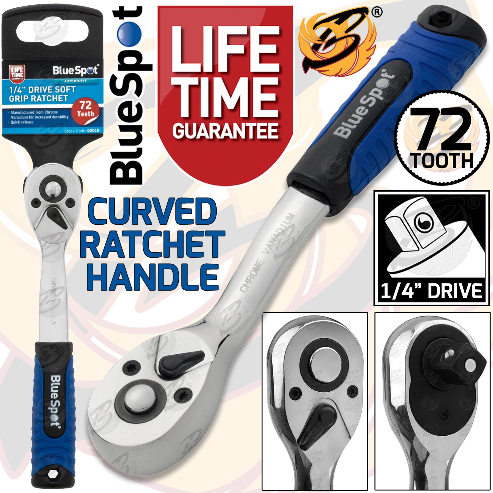 BLUESPOT 1/4" DRIVE 72 TOOTH SOFT GRIP CURVED RATCHET HANDLE