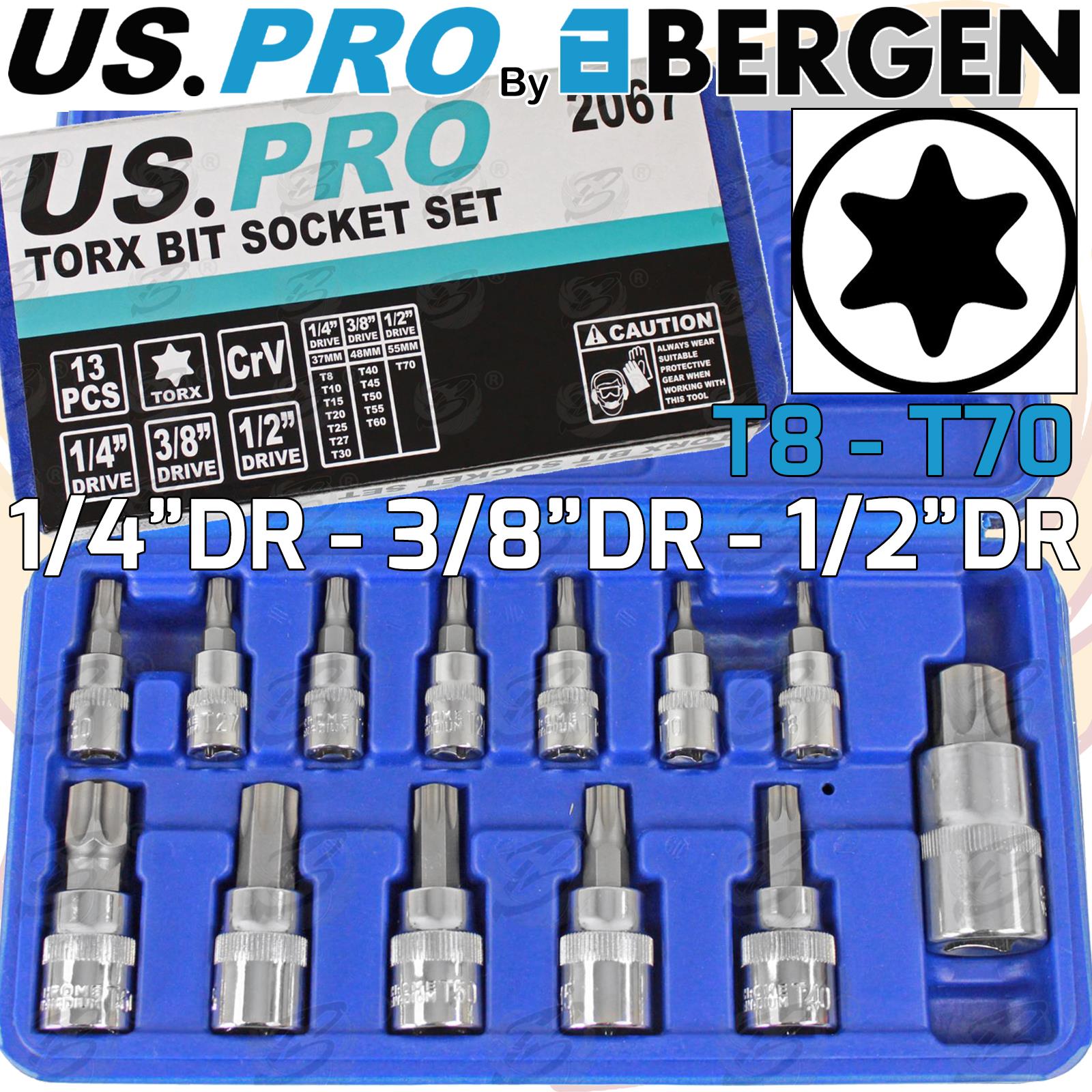 US PRO 13PCS 1/4" & 3/8" & 1/2" DRIVE TORX BIT SOCKETS T8 - T70