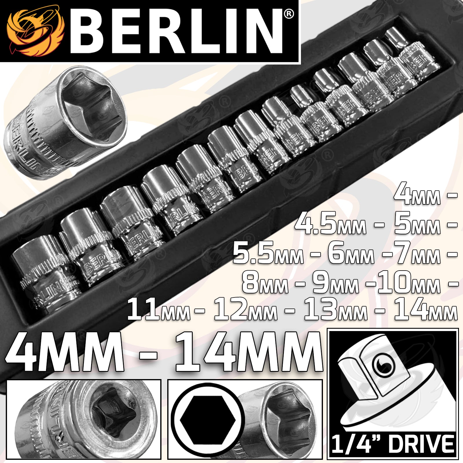 BERLIN 13PCS 1/4" DRIVE 6 POINT SHALLOW SOCKETS 4MM - 14MM