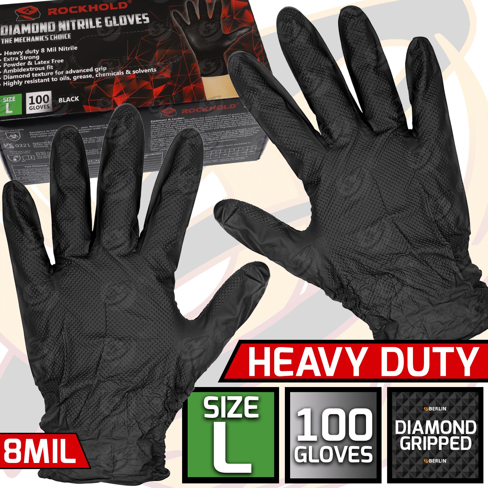 ROCKHOLD HEAVY DUTY BLACK 8 MIL NITRILE DIAMOND GRIP GLOVES ( LARGE - 100 GLOVES )