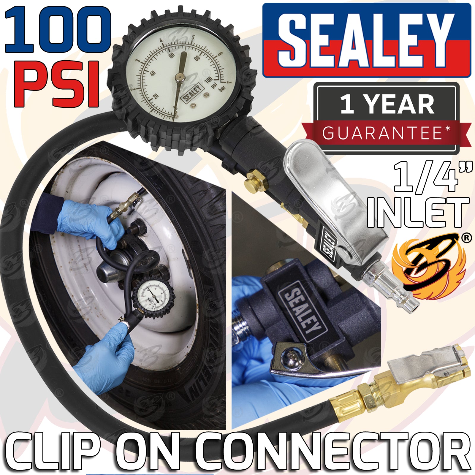 SEALEY TYRE INFLATOR WITH CLIP ON CONNECTOR 0 - 100PSI