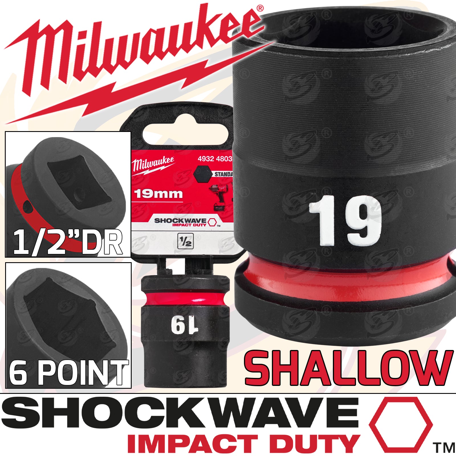 MILWAUKEE 19MM 1/2" DRIVE 6 POINT SHALLOW IMPACT SOCKET ( SINGLE )