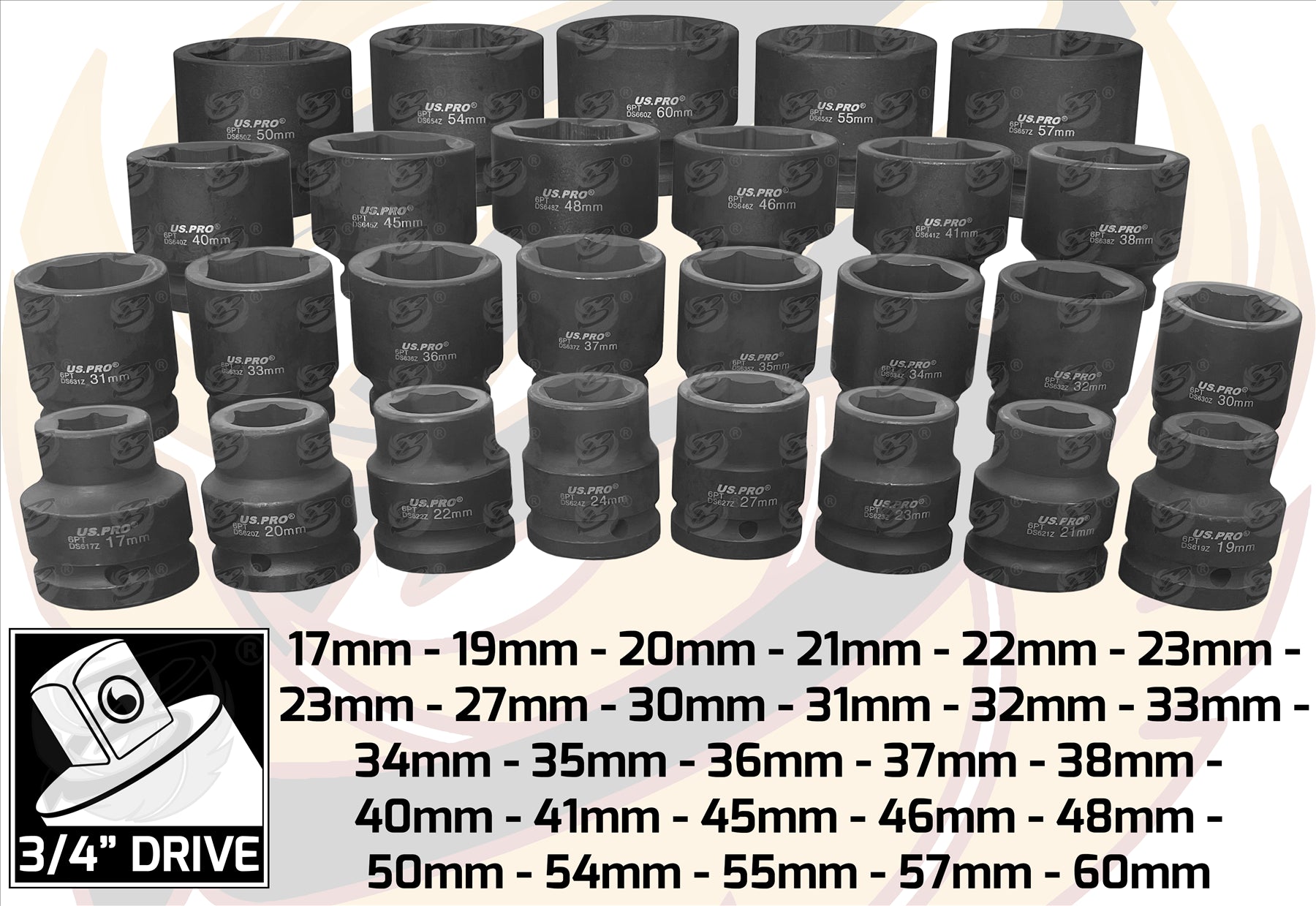 US PRO 27PCS 3/4" DRIVE 6 POINT IMPACT SOCKETS 17MM - 60MM