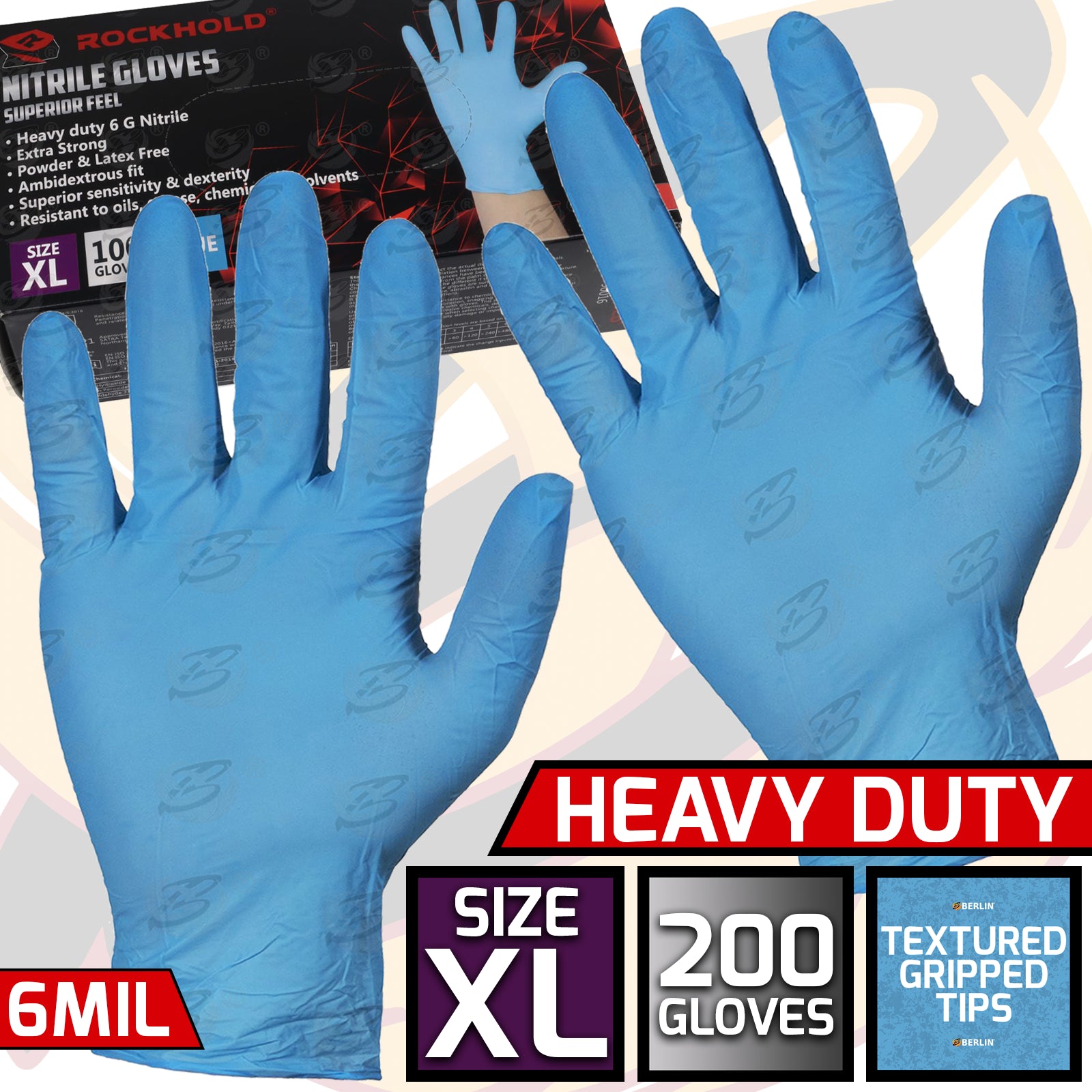 ROCKHOLD HEAVY DUTY BLUE 6 MIL NITRILE TEXTURED TIP GLOVES ( X LARGE - 200 GLOVES )