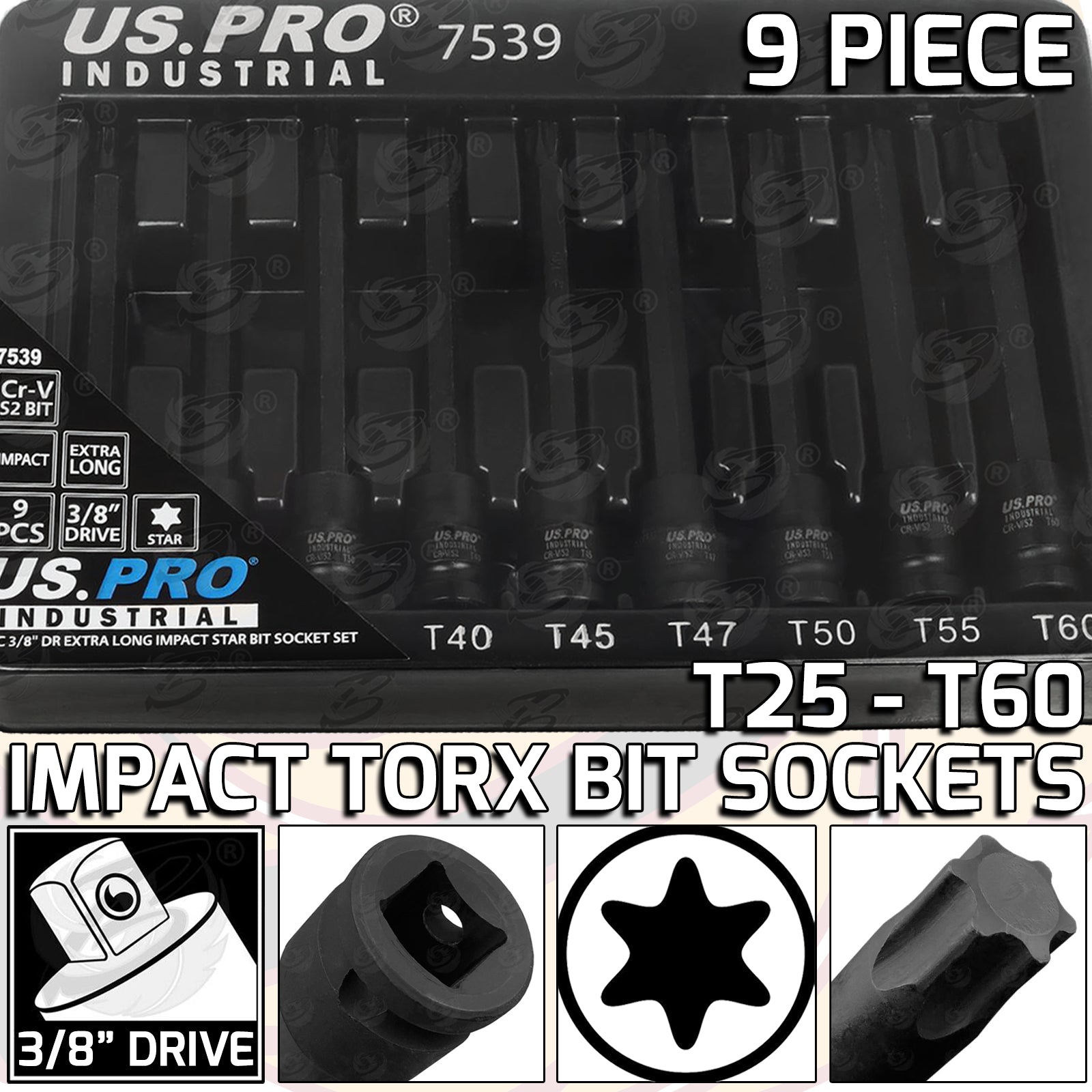 US PRO INDUSTRIAL 9PCS 3/8" DRIVE EXTRA LONG IMPACT TORX BIT SOCKETS T25 - T70