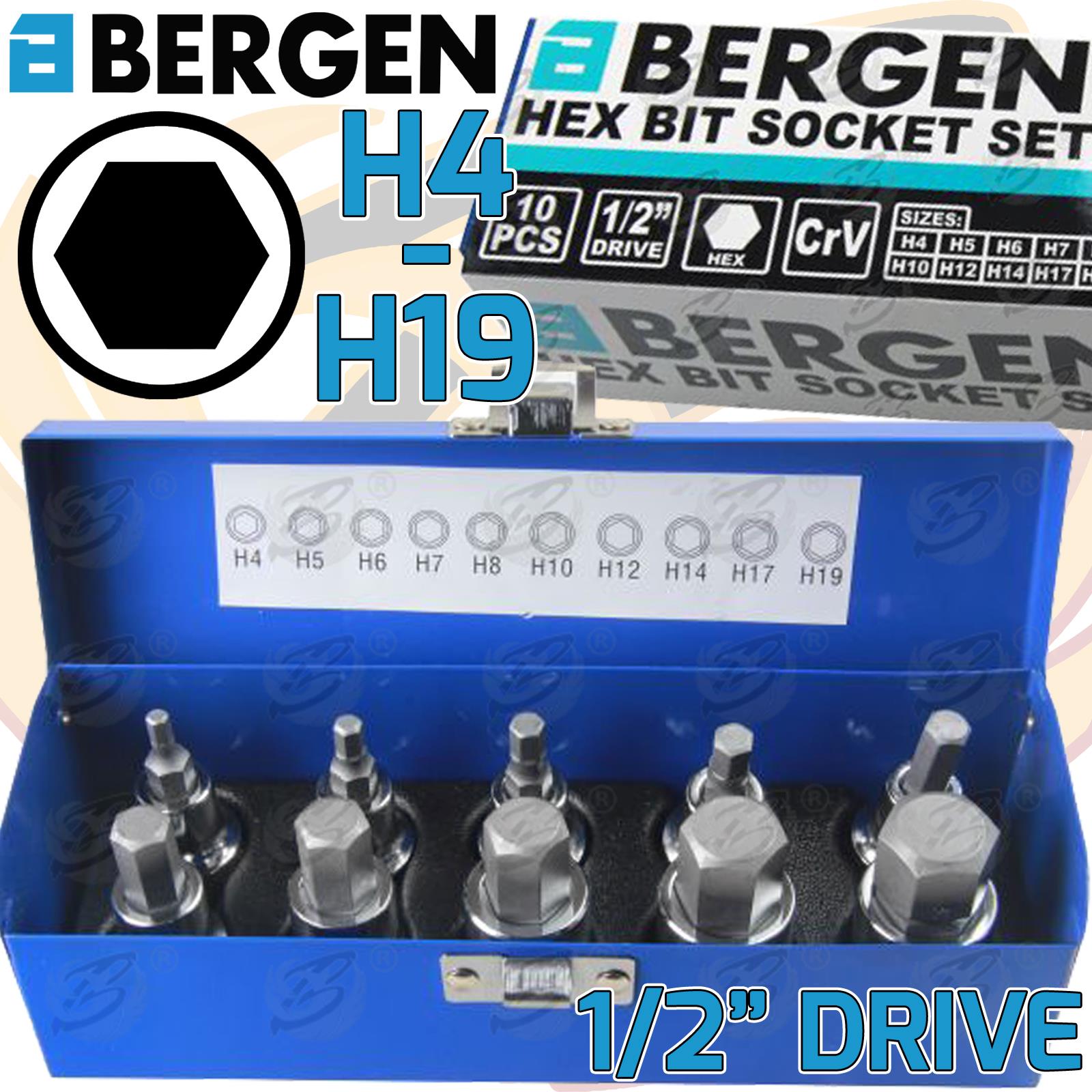 BERGEN 10PCS 1/2" DRIVE HEX BIT SOCKETS H4 - H19