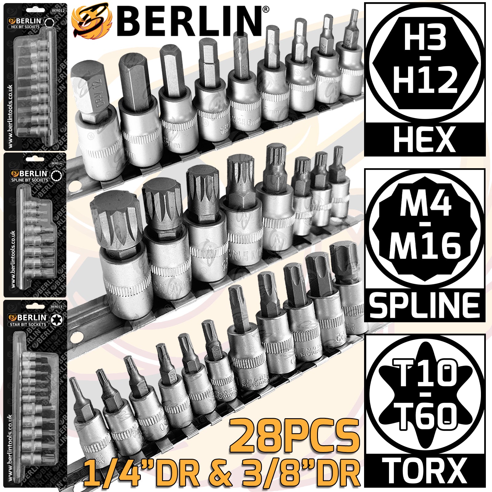 BERLIN 28PCS 1/4" & 3/8" DRIVE HEX - TORX - SPLINE BIT SOCKETS