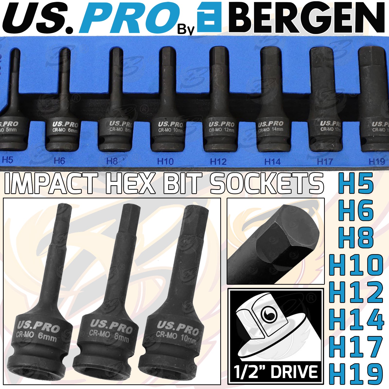 US PRO 8PCS 1/2" DRIVE IMPACT HEX BIT SOCKETS H5 - H19